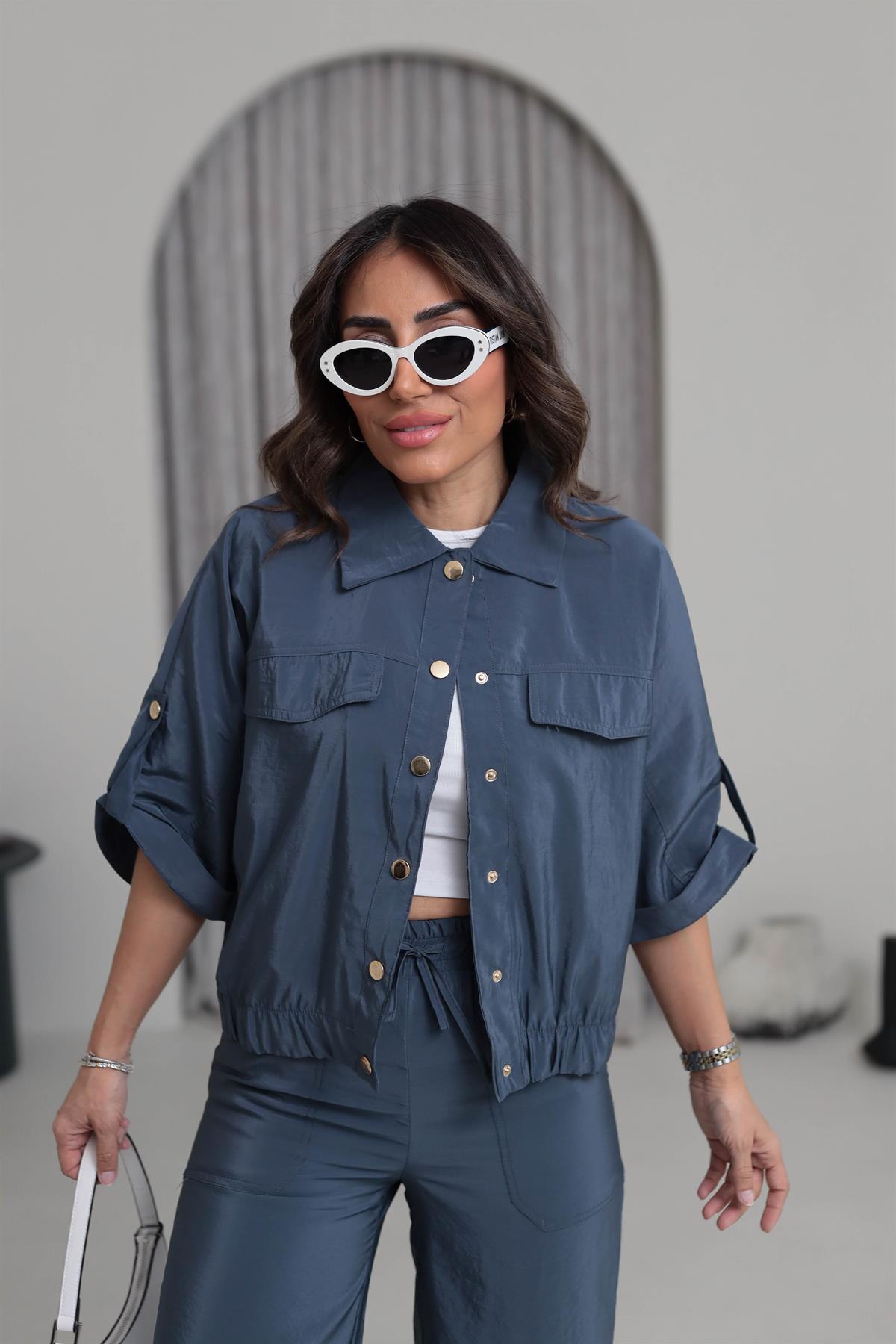 7013 Gold Düğme Detaylı Mevsimlik Ceket Indigo