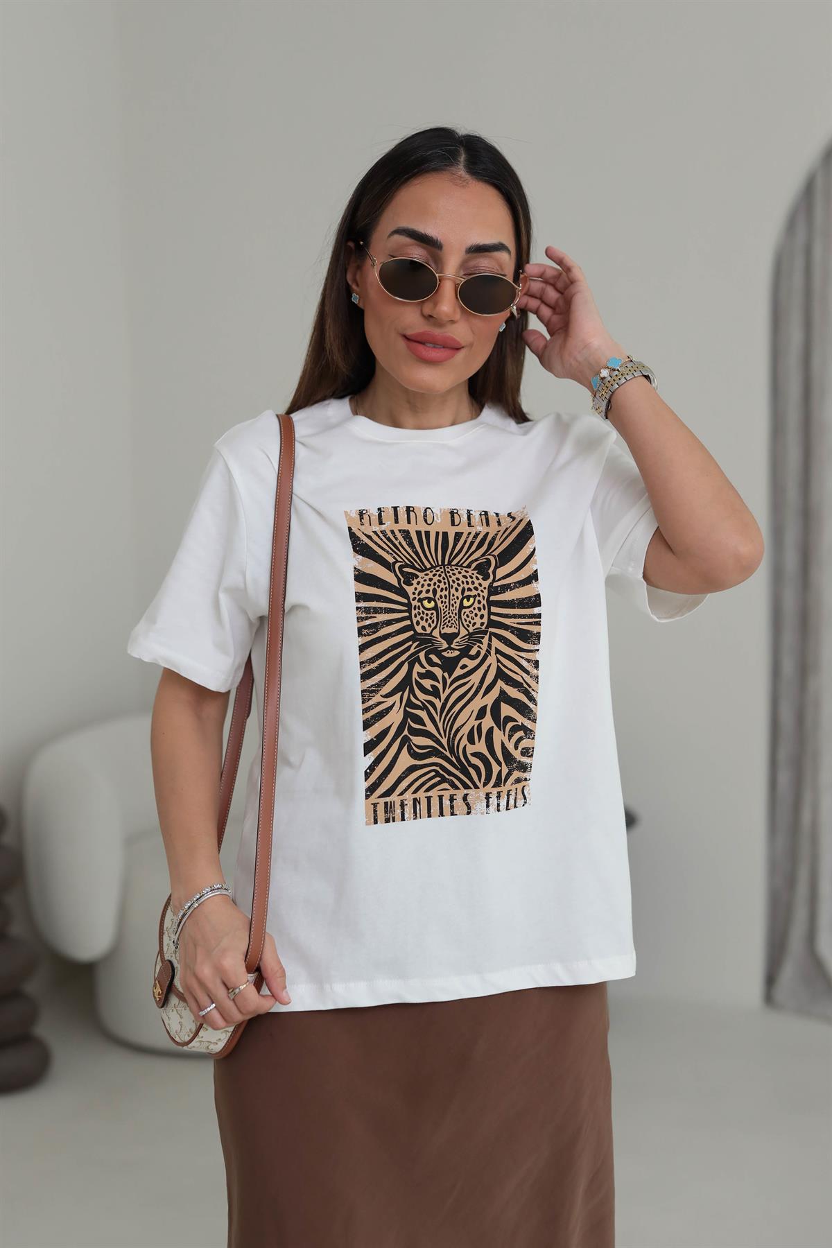 7113 Leopar Baskılı Pamuklu Tshirt EKRU