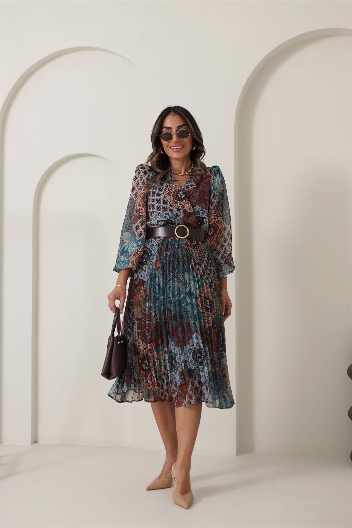 3286 Kruvaze Yaka Piliseli Kemerli Elbise DESENLİ