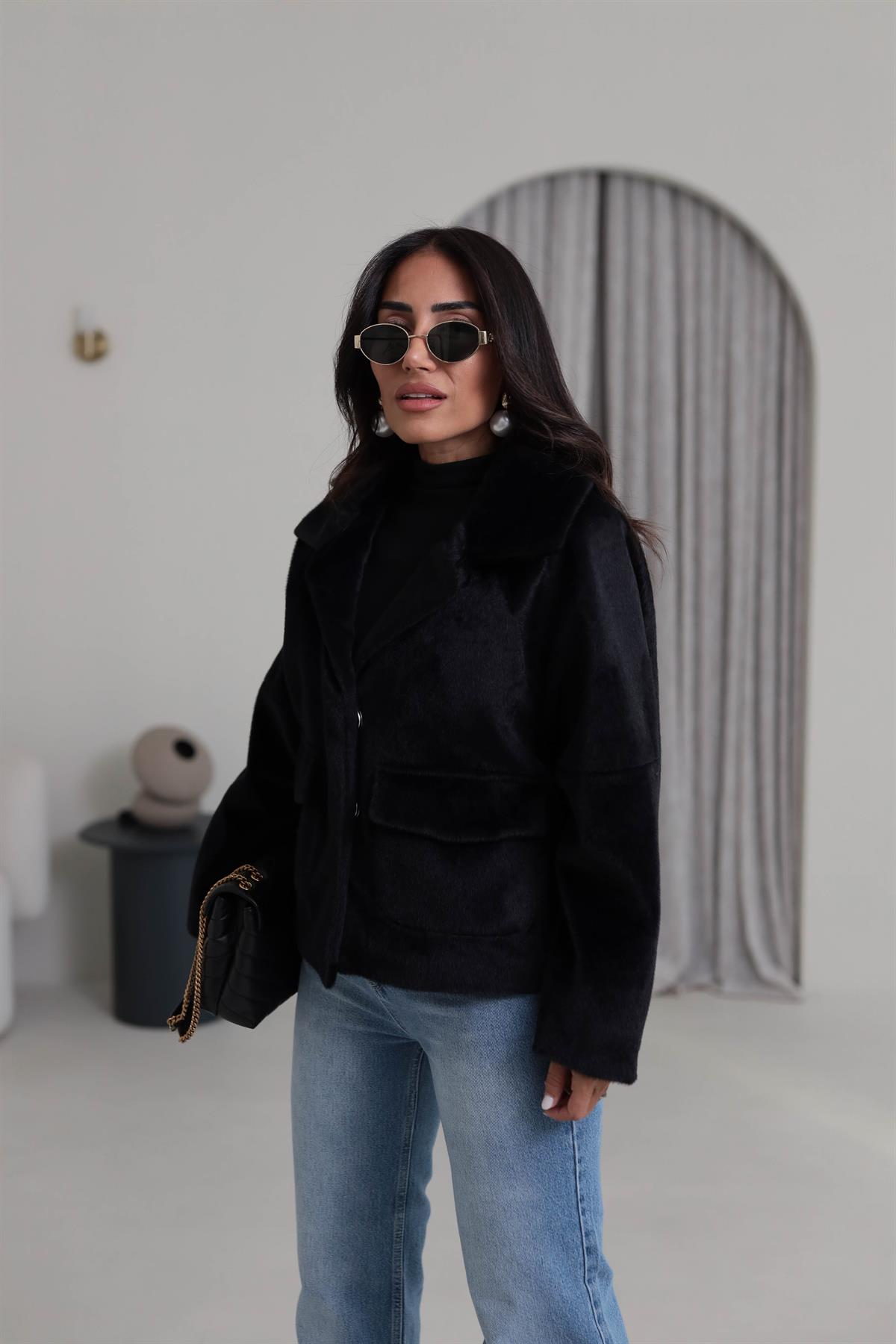 2731 Çıtçıtlı Cep Detaylı Alpaka Mont SİYAH