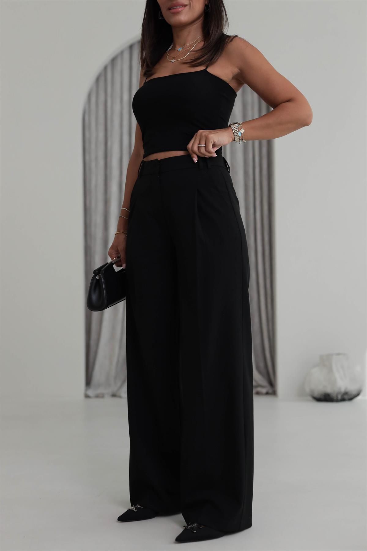 9003 Arka Bel Lastikli Palazzo Pantolon SİYAH