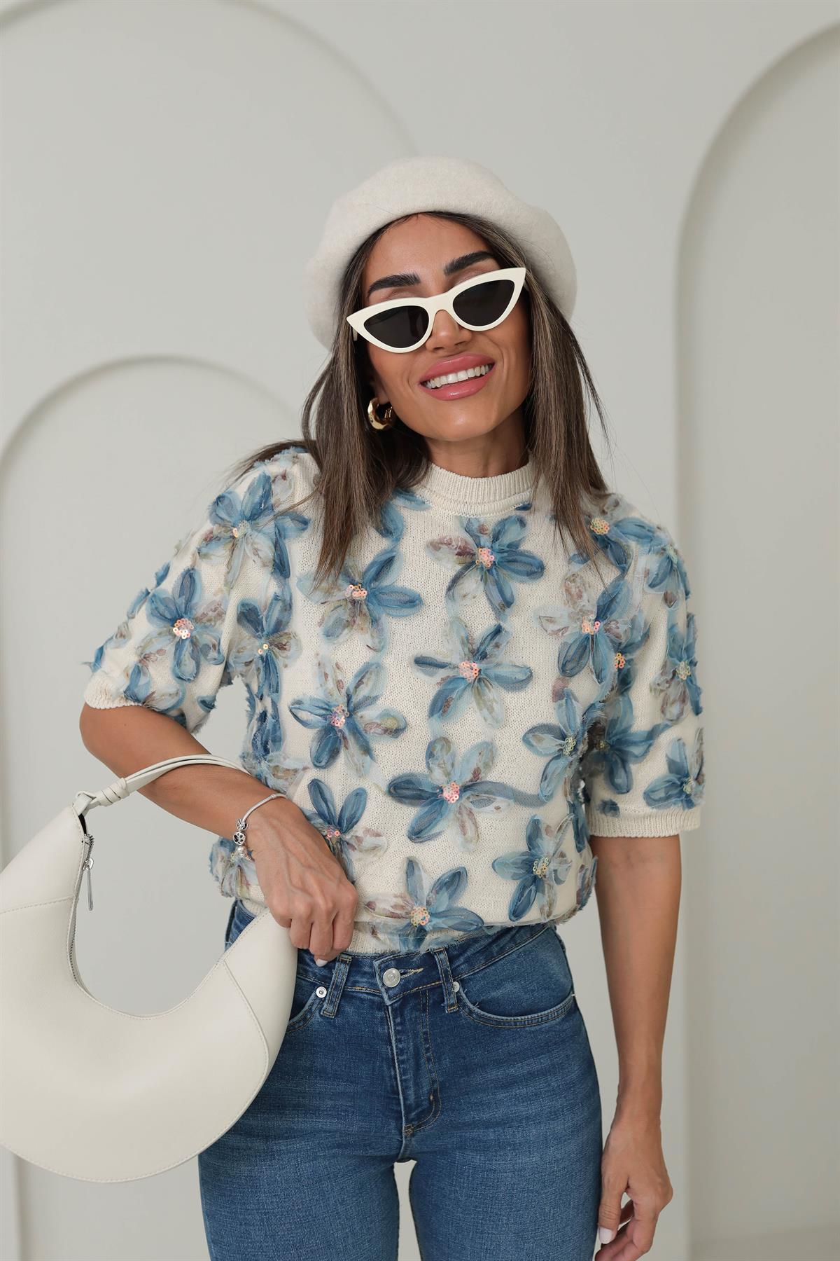 Bisiklet Yaka Pul ve Çiçek Detaylı Tüllü Kısa Kol Triko EKRU