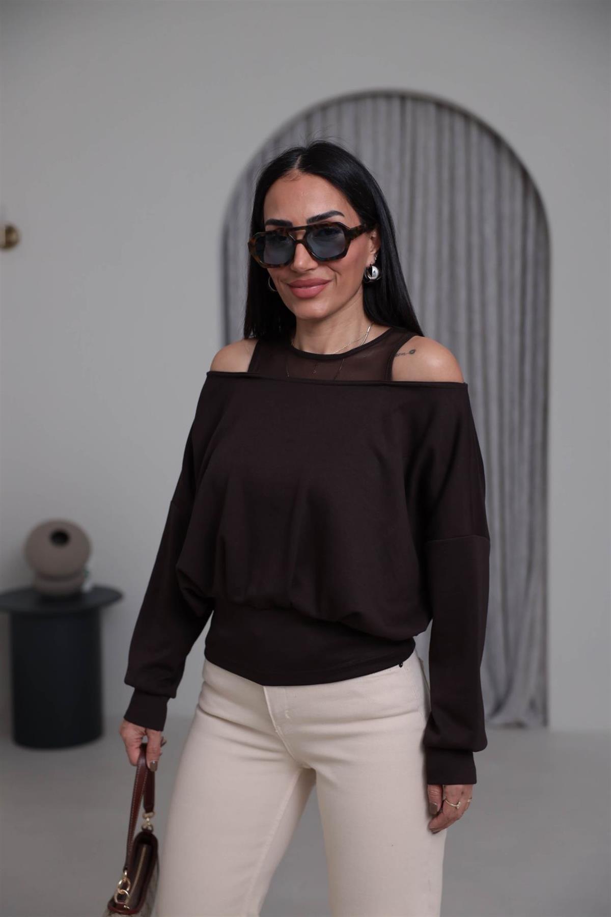 6710 Kol Dekolteli Tül Detaylı Bluz ACI KAHVE