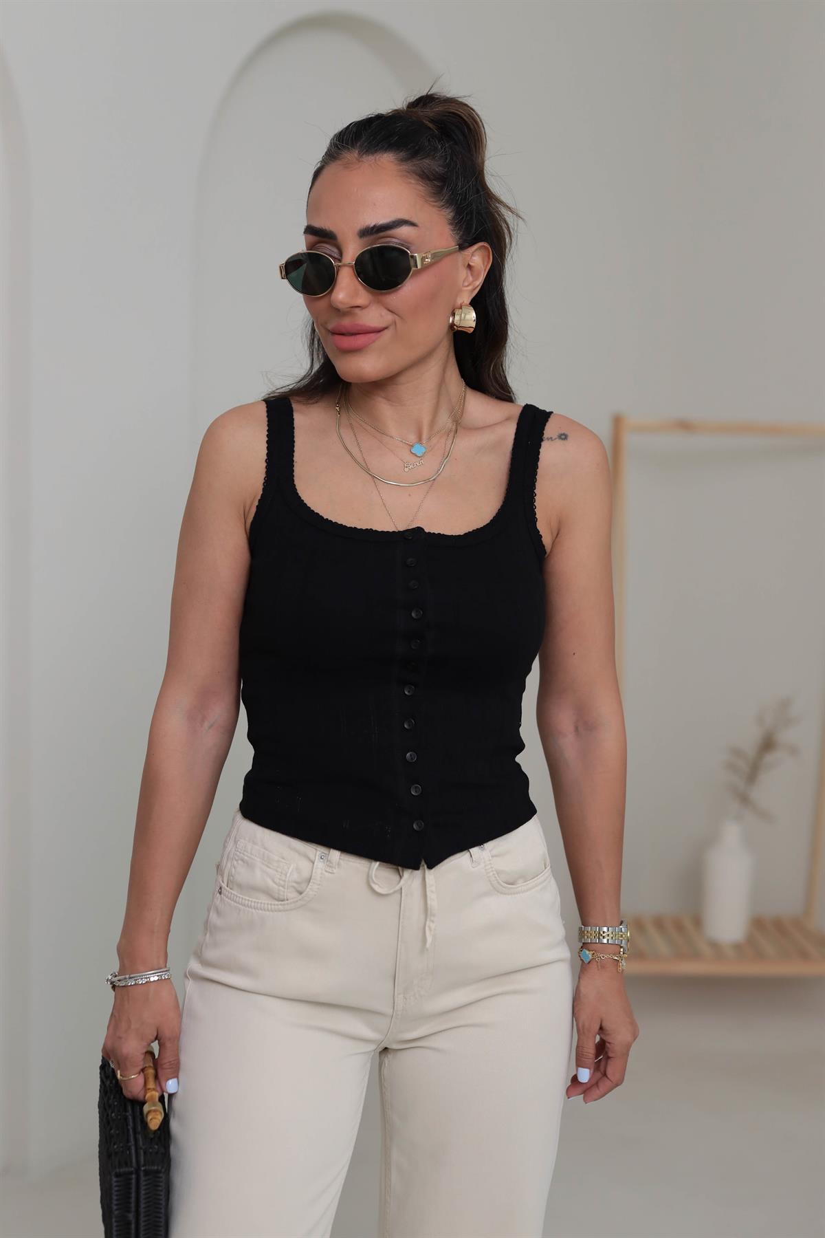 1068 Düğmeli Kare Yaka Top SİYAH