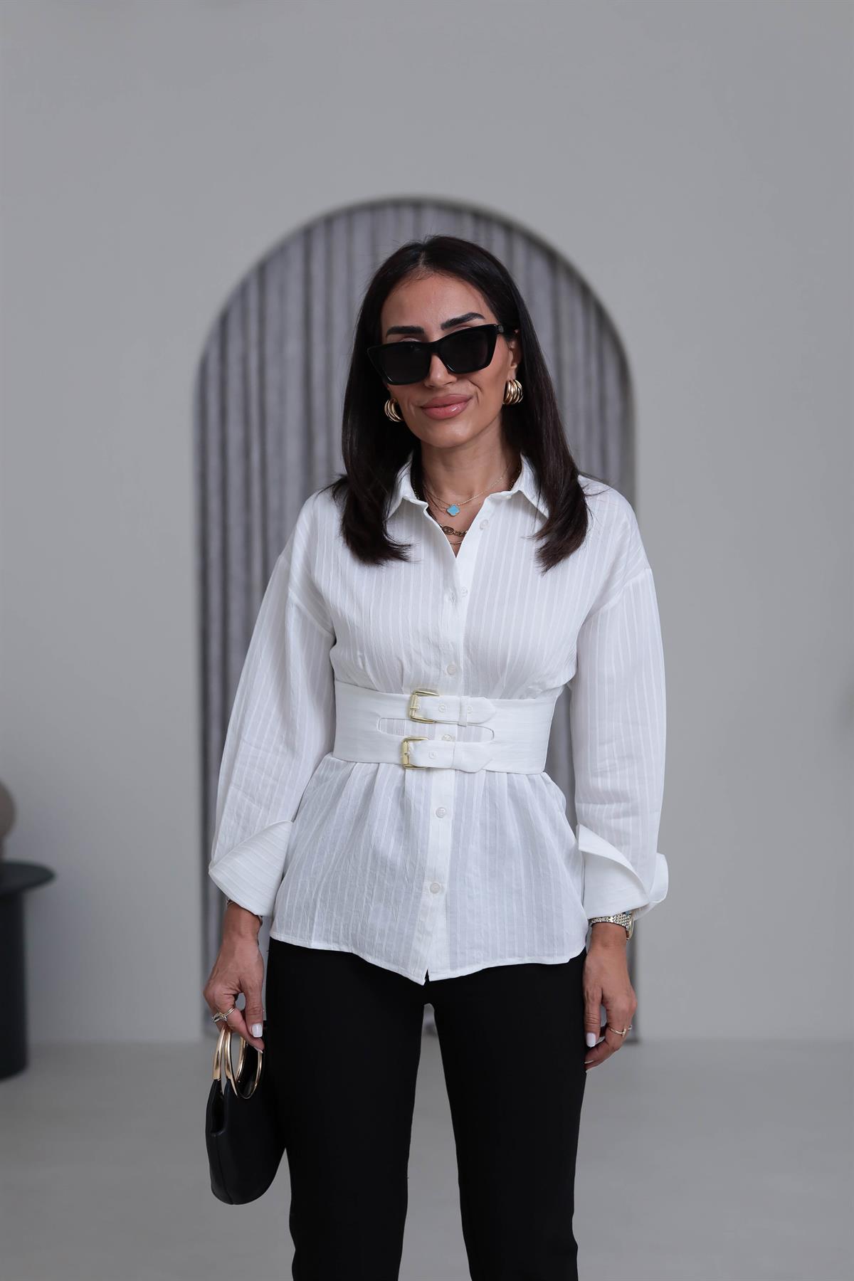 0867 Kol Manşetli Kemer Detaylı Gömlek EKRU