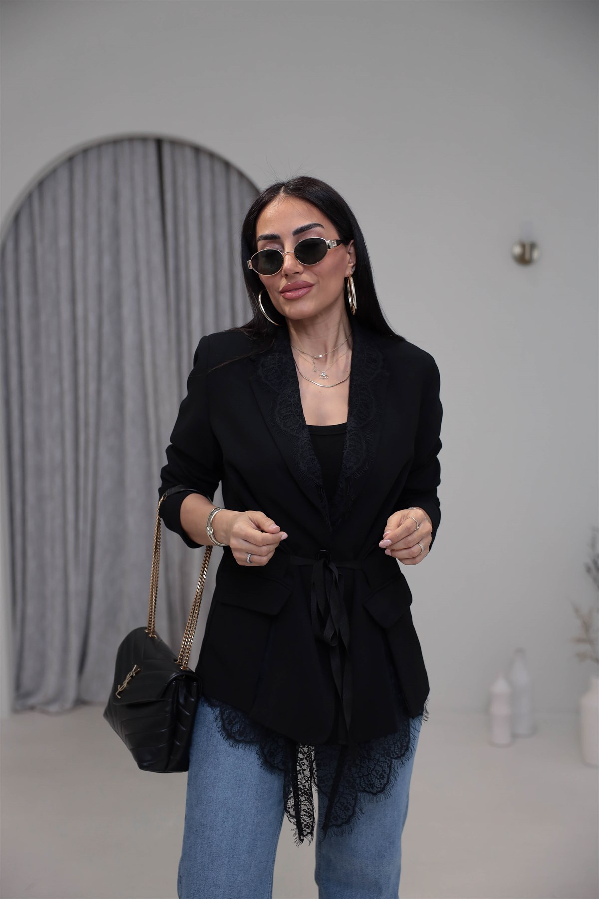 7241 Kuşaklı Dantel Detaylı Blazer Ceket SİYAH