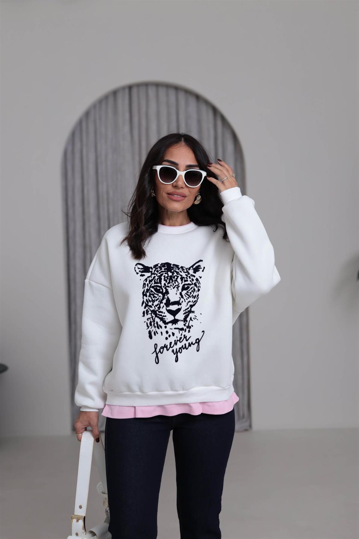 0612 Leopar Baskılı Şardonlu Garnili Sweatshirt BEYAZ