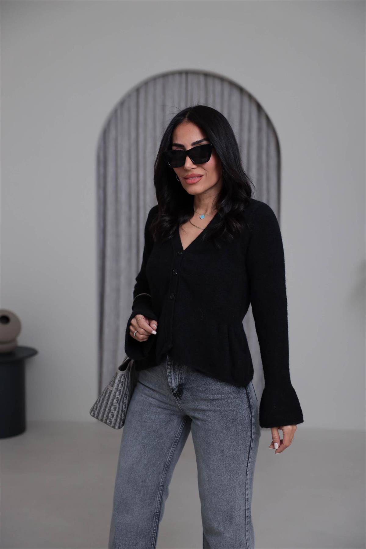 4930 V Yaka İspanyol Kol Peplum Hırka SİYAH