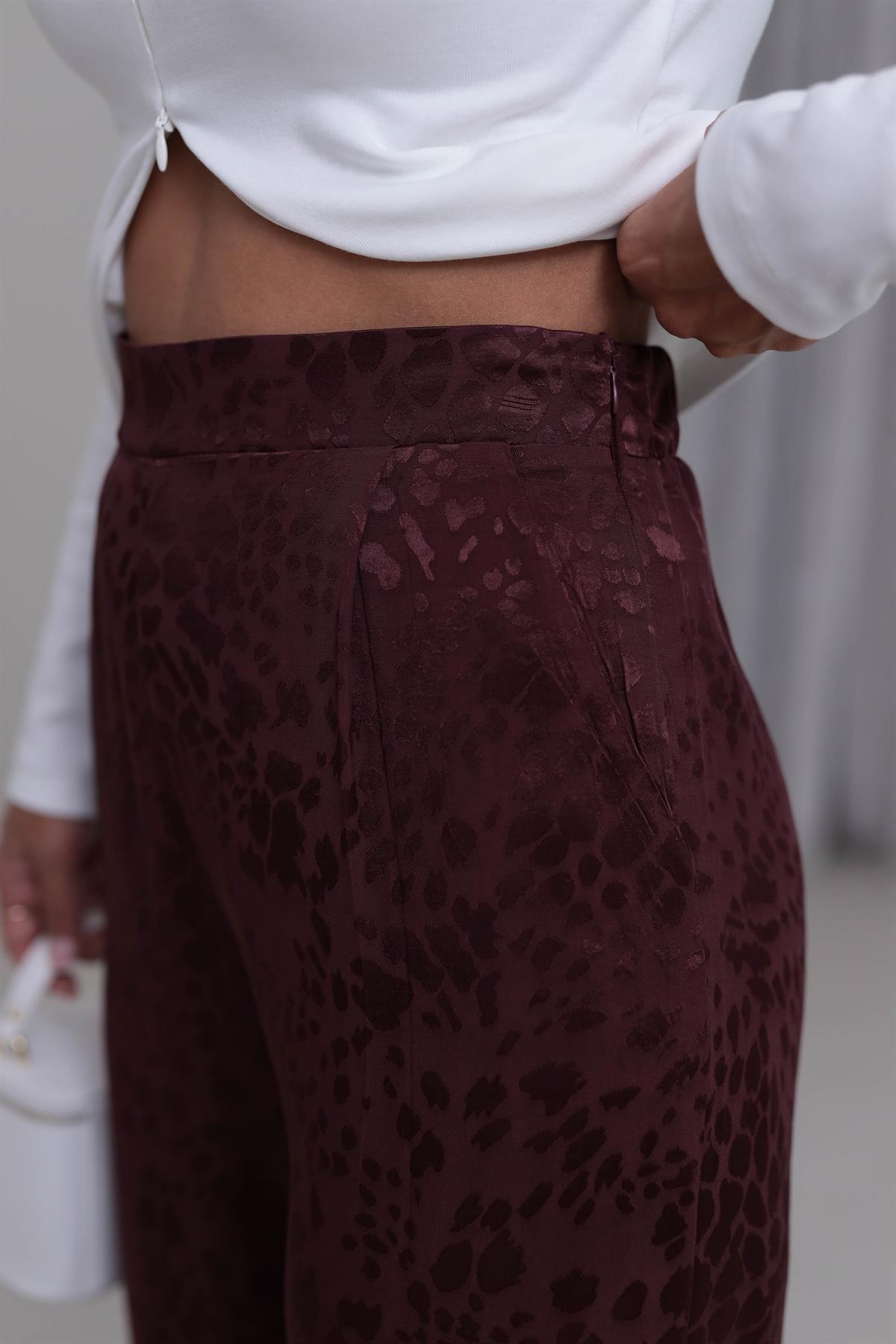 0338 Leopar Desen Saten Pantolon BORDO