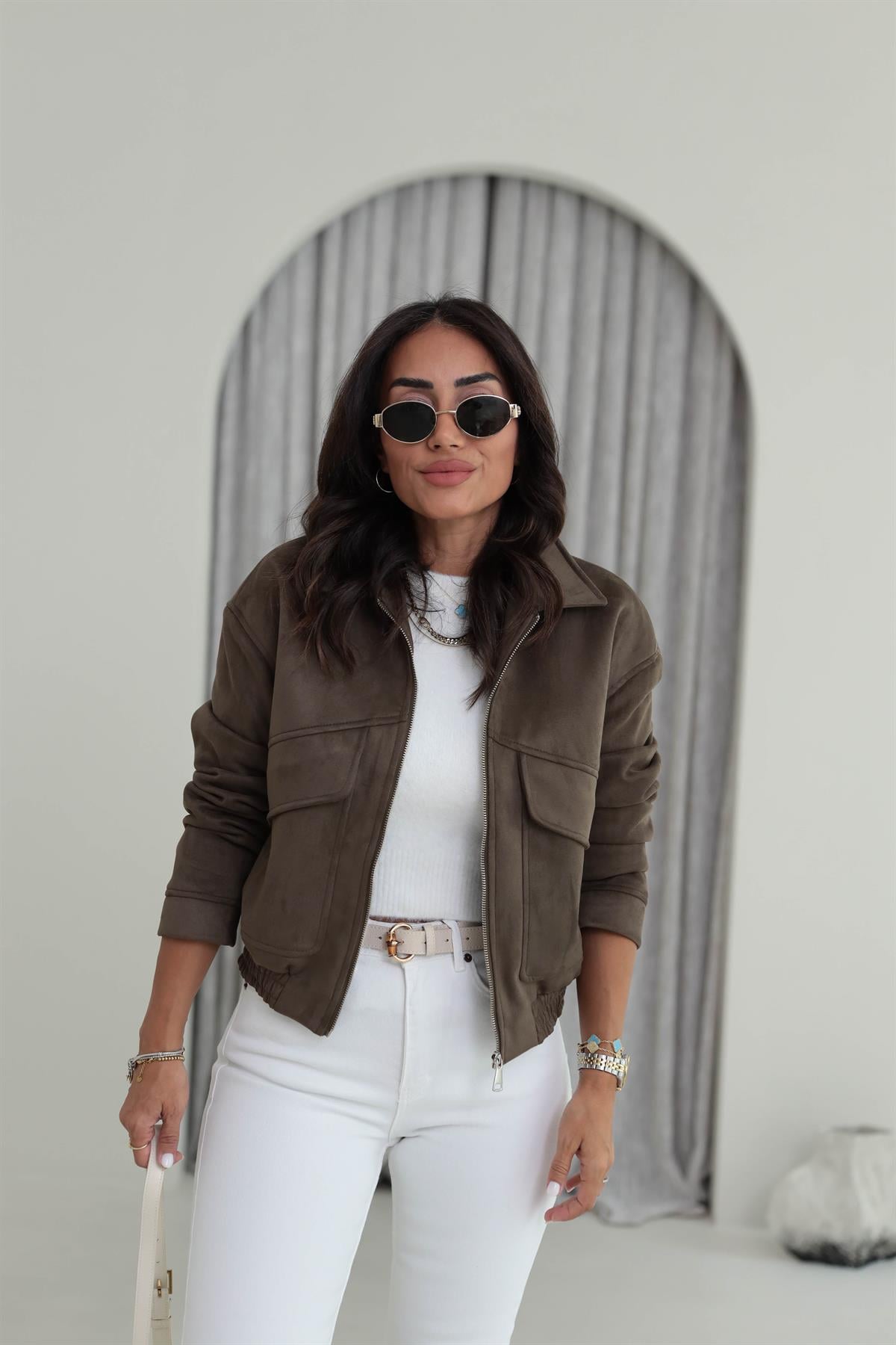 9730 Cep Detaylı Bel Lastikli Süet Bomber HAKİ YEŞİL