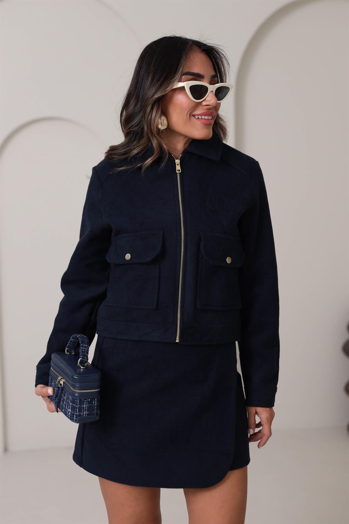 0089 Gold Düğmeli Cep Detaylı Fermuarlı Kaşe Ceket