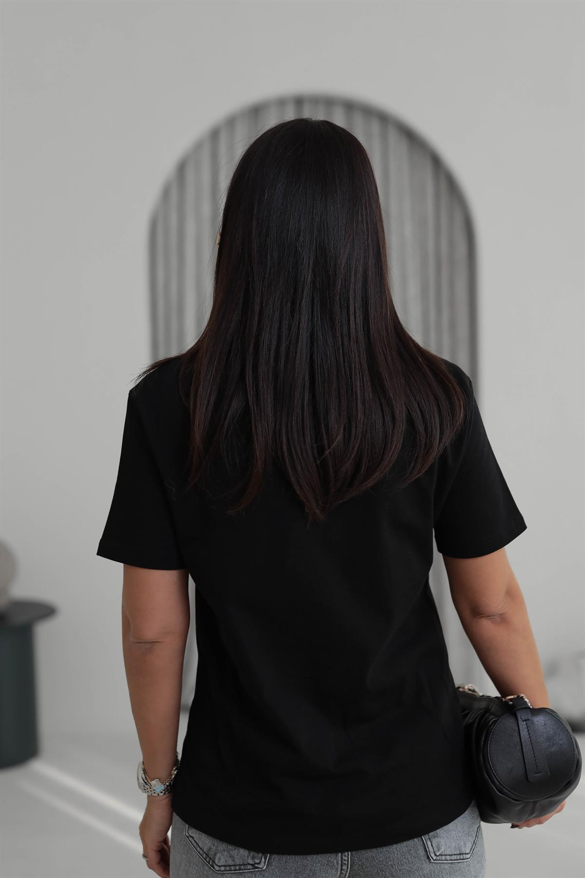 0312 Dekoratif Dikişli Pamuklu Tshirt SİYAH