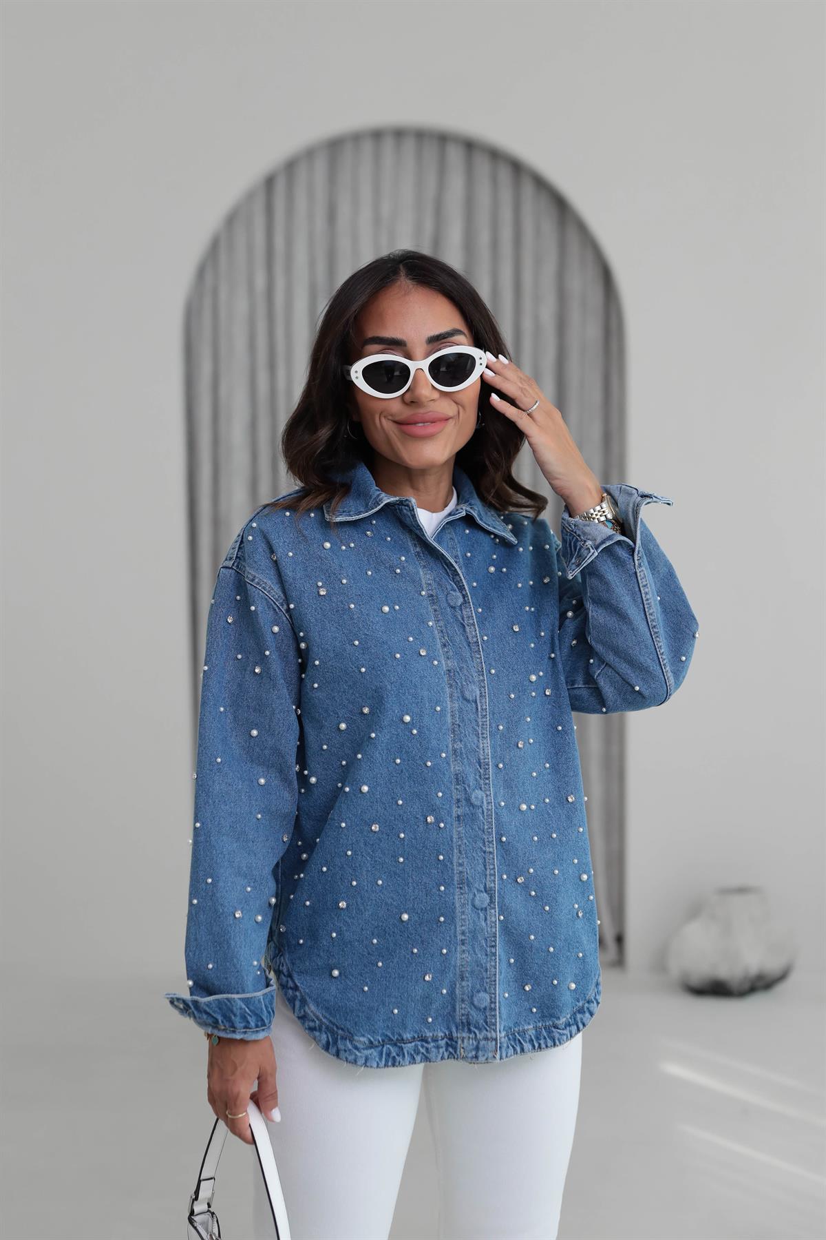 6696 İnci Ve Taş İşlemeli Kot Ceket MAVİ