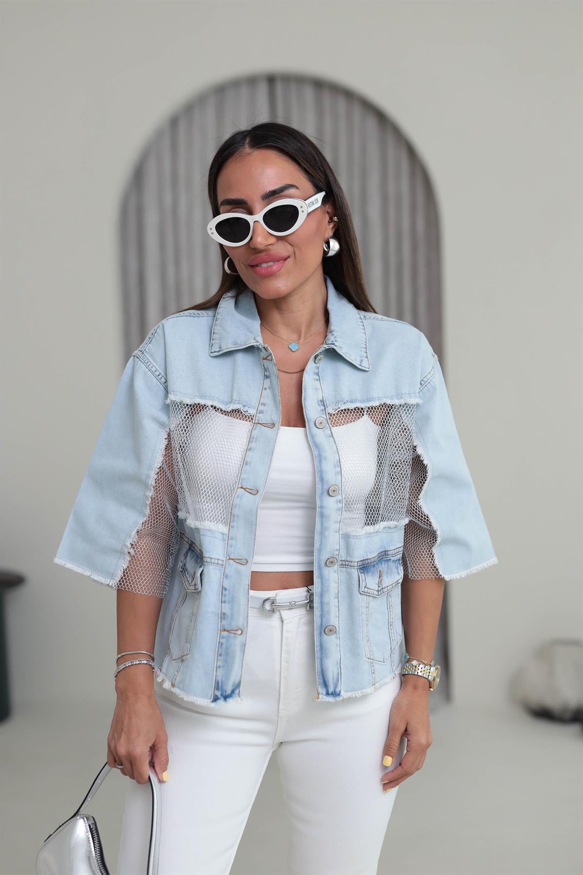 2701 File Detaylı Tasarım Kot Ceket BUZ MAVİ