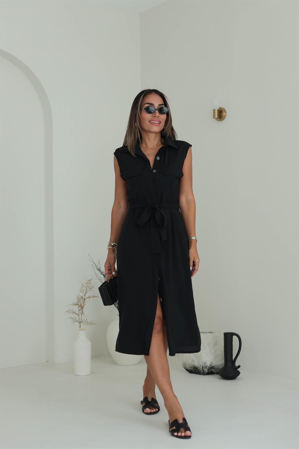 1745 Sıfır Kol Önden Düğmeli Kuşaklı Elbise