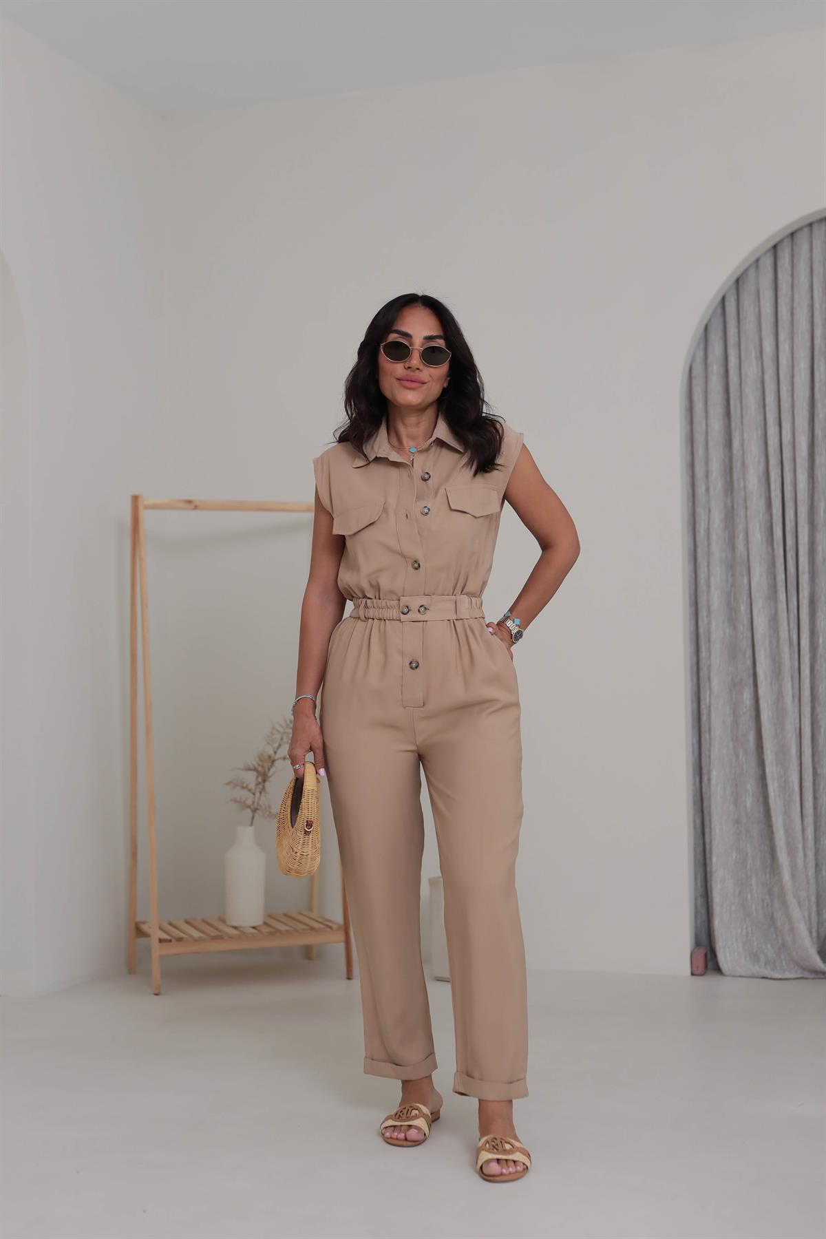 0107 Polo Yaka Kemerli Tencel Tulum CAMEL