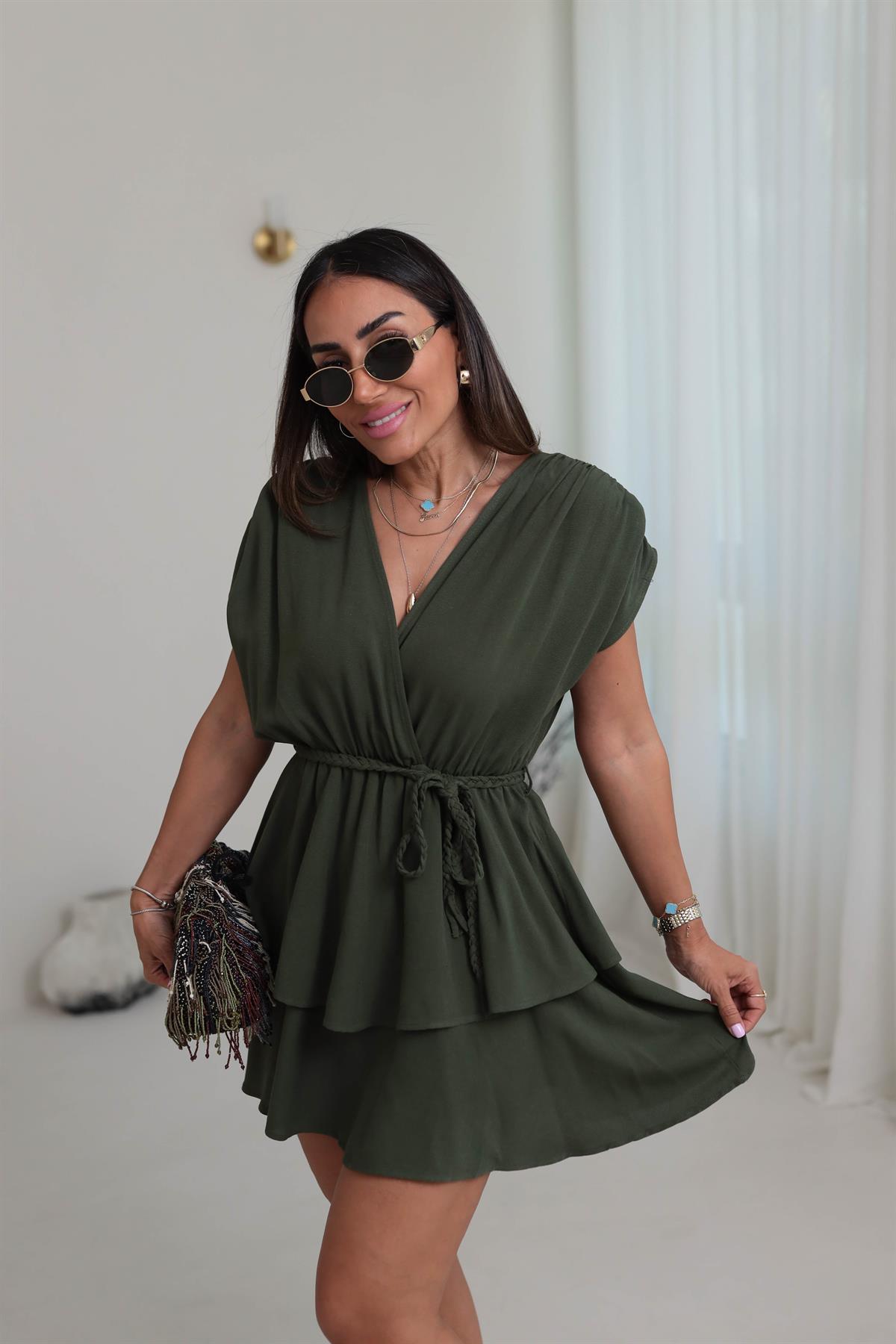 0306 Eteği Kat Kat Kruvaze Kemerli Keten Elbise HAKİ YEŞİL