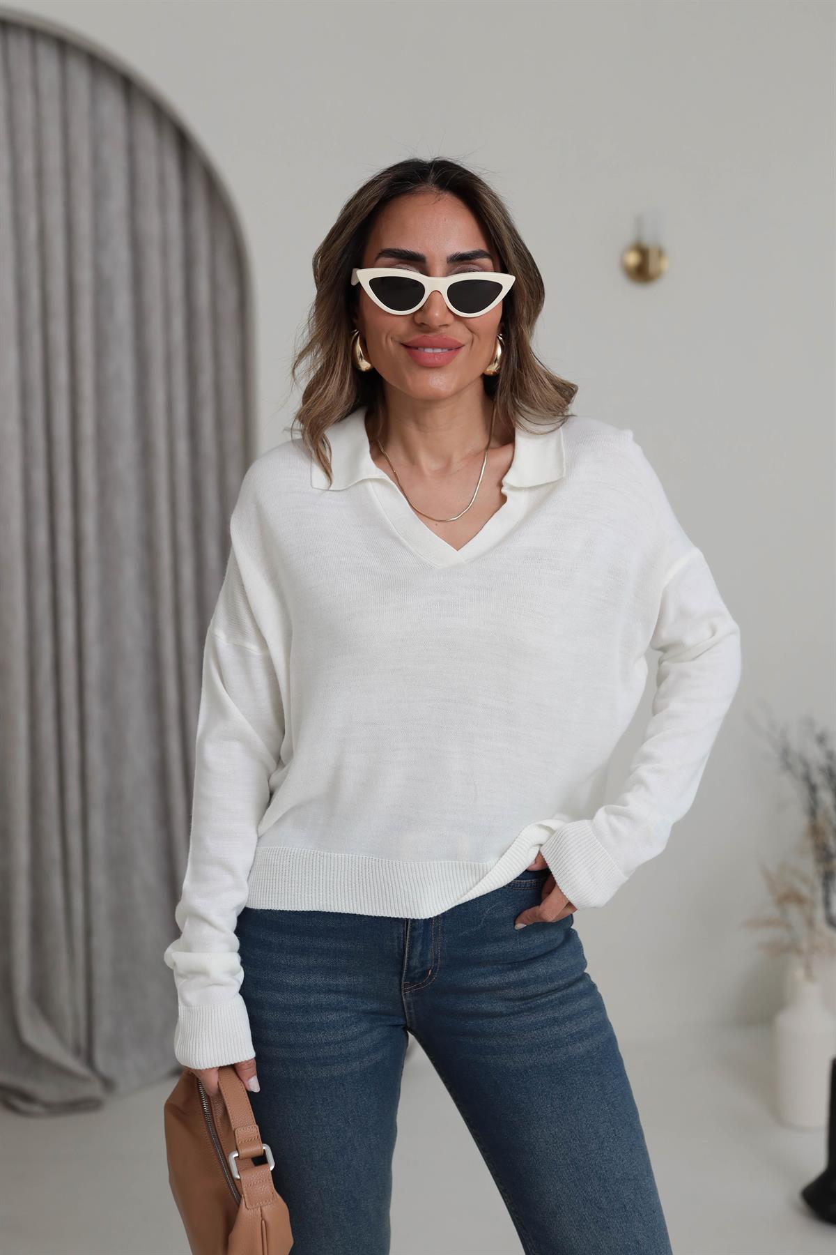 3215 Polo Yaka Mevsimlik Triko Bluz EKRU