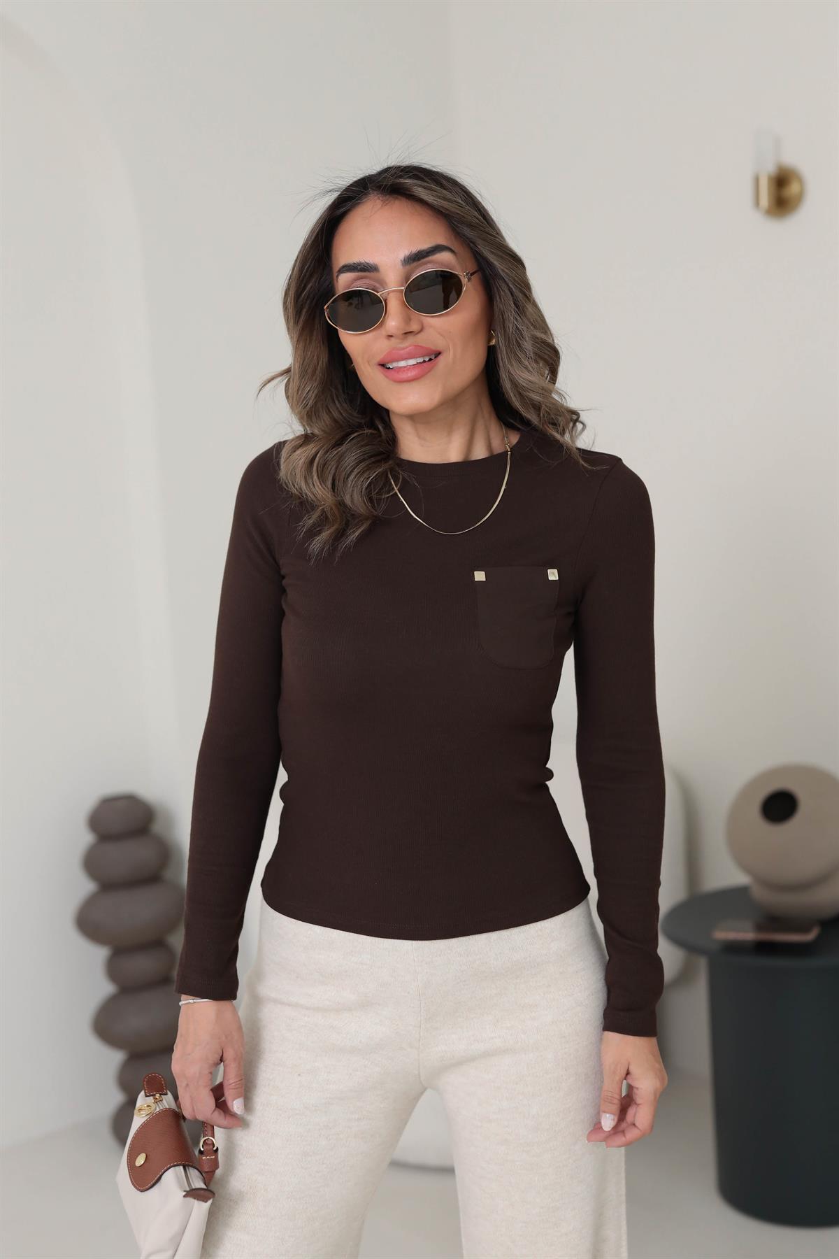 6497 Cebi Gold Detaylı Bluz KAHVE