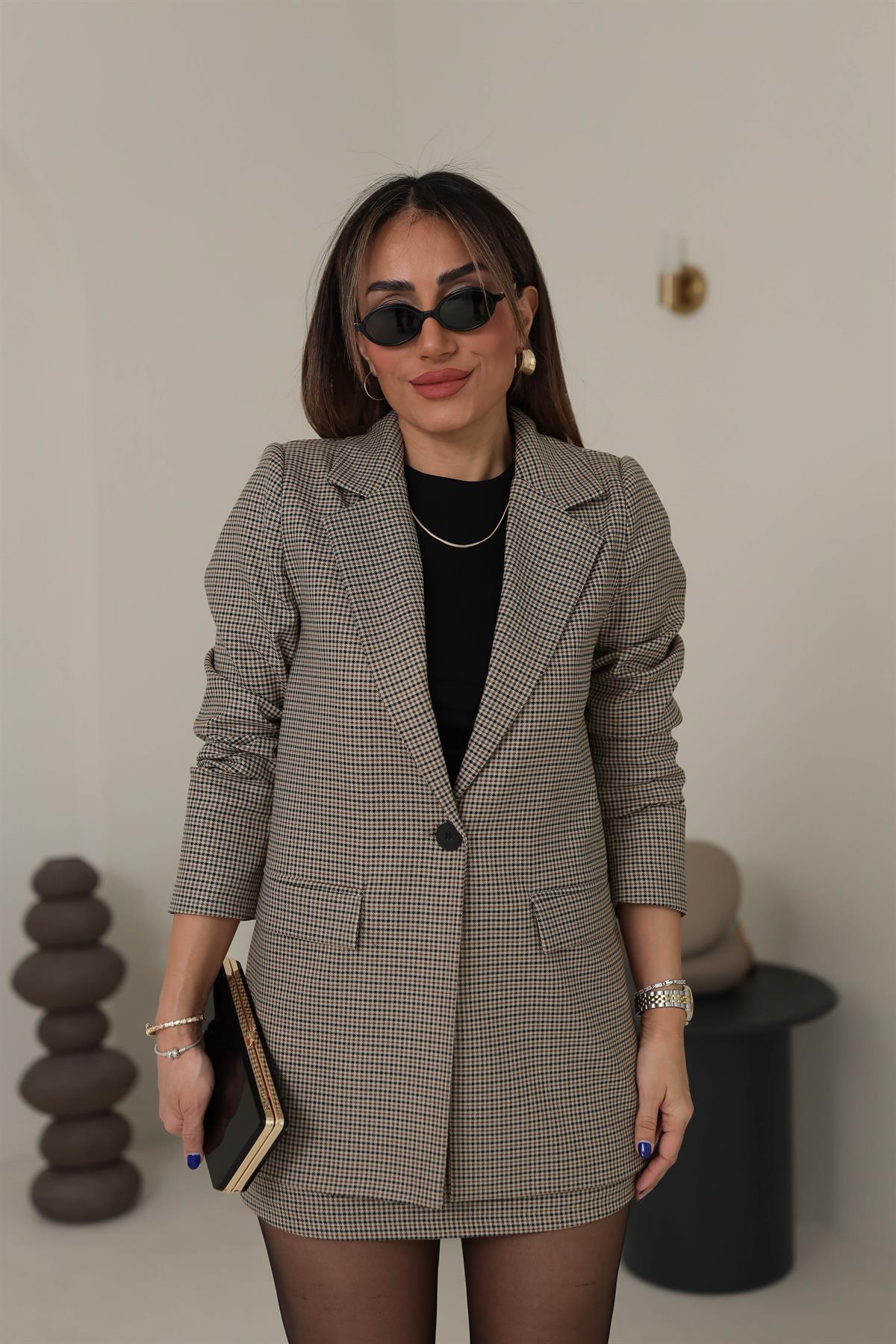 Kazayağı Desenli Blazer Ceket BEJ-KAHVE