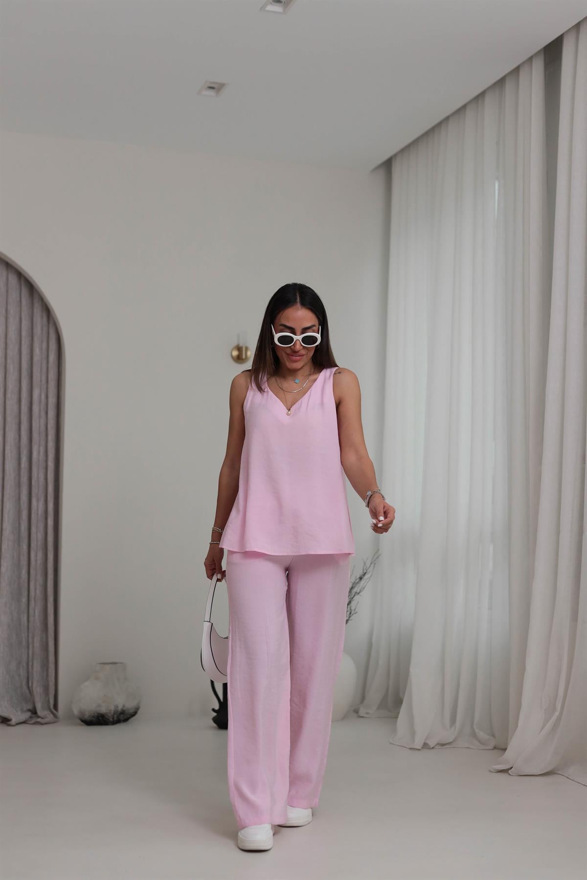 3142 V Yaka Sıfır Kol Tencel Takım PEMBE