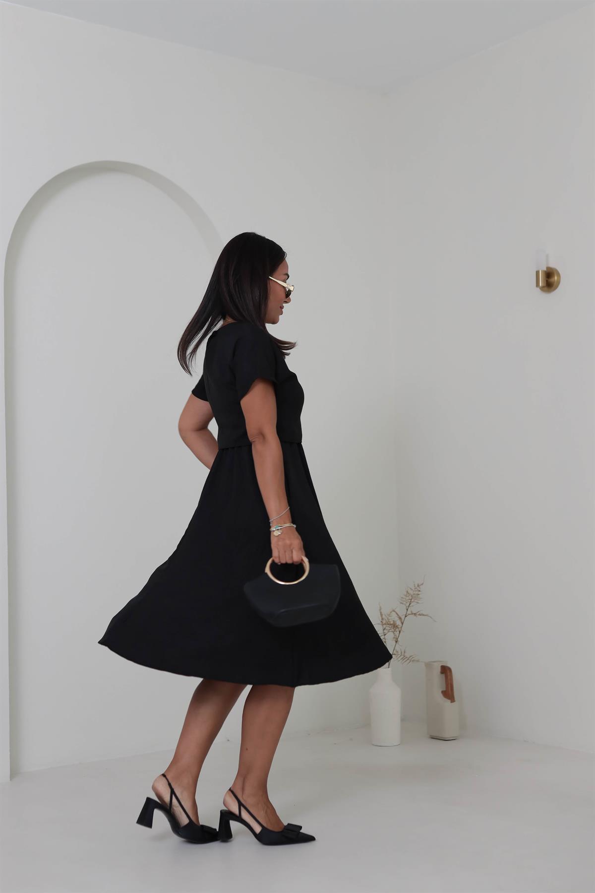 3760 Bluz Detaylı Bel Büzgülü Elbise SİYAH