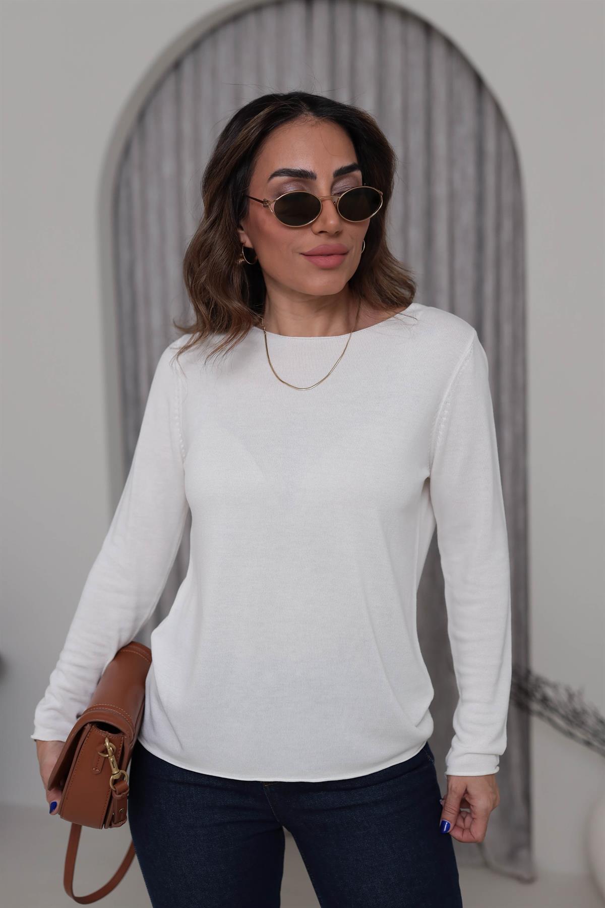 1061 Açık Yaka Uzun Kol İnce Triko EKRU