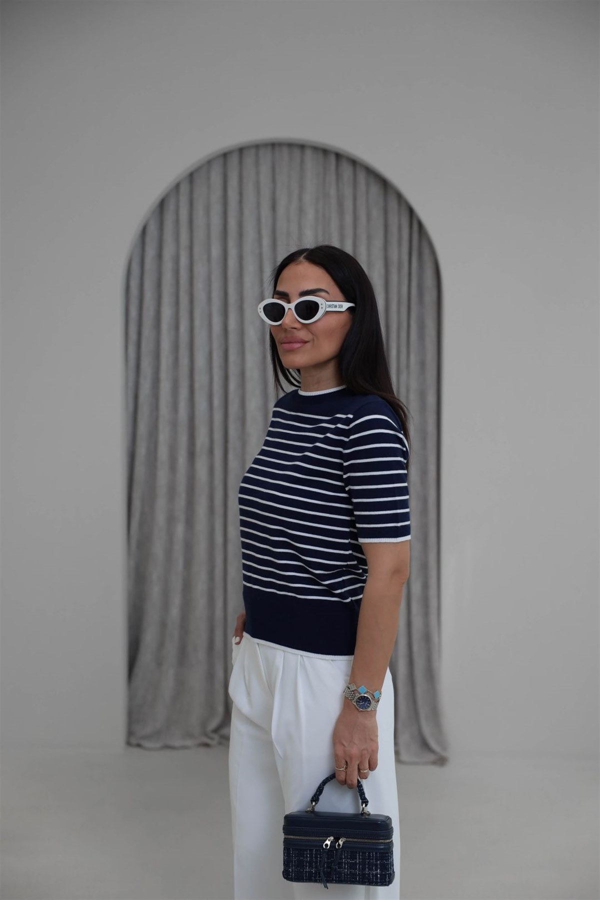 T-122 Çizgili Bisiklet Yaka Kısa Kol Triko Bluz LACİVERT