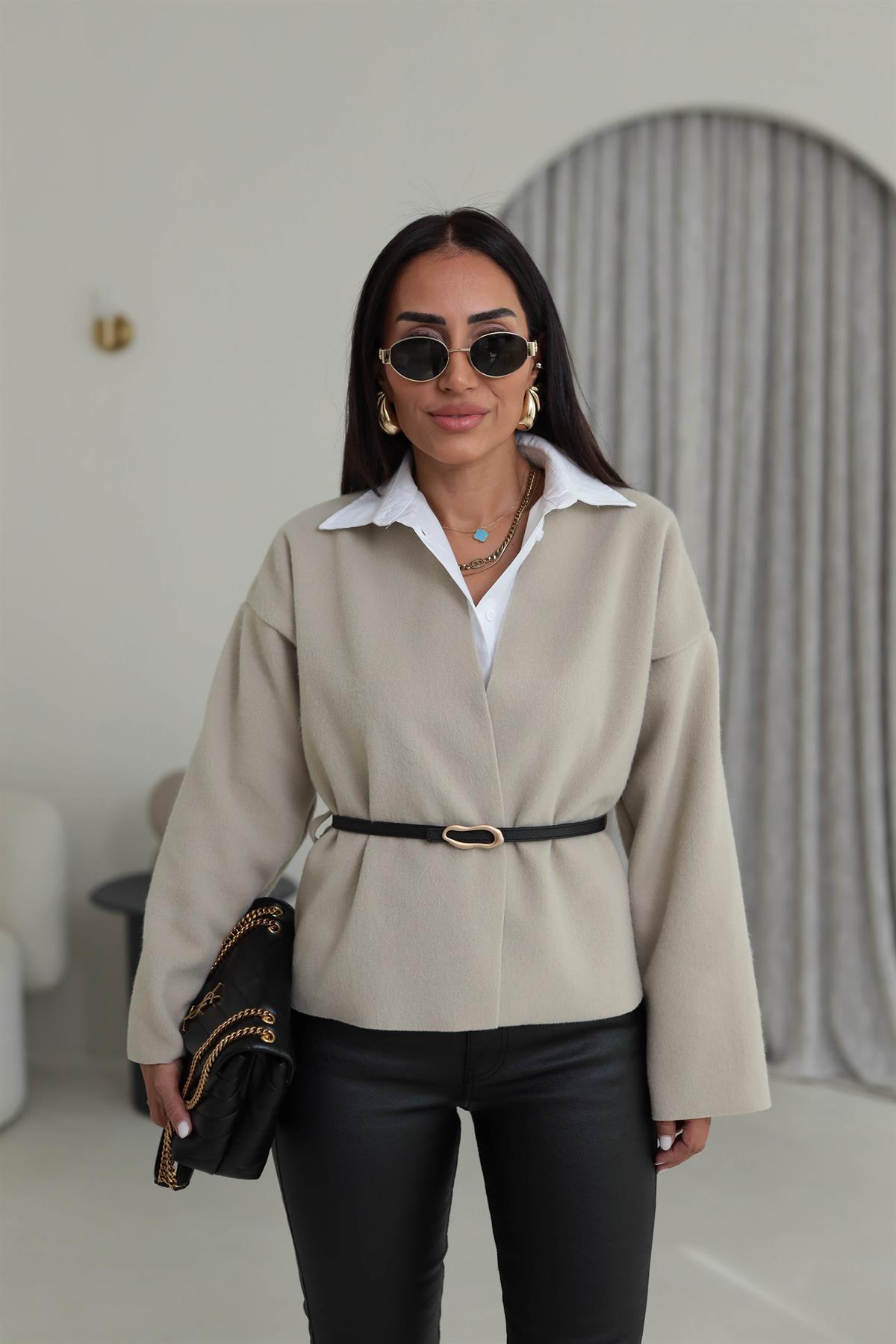 2223 Kemer Detaylı Kaşe Ceket TAŞ