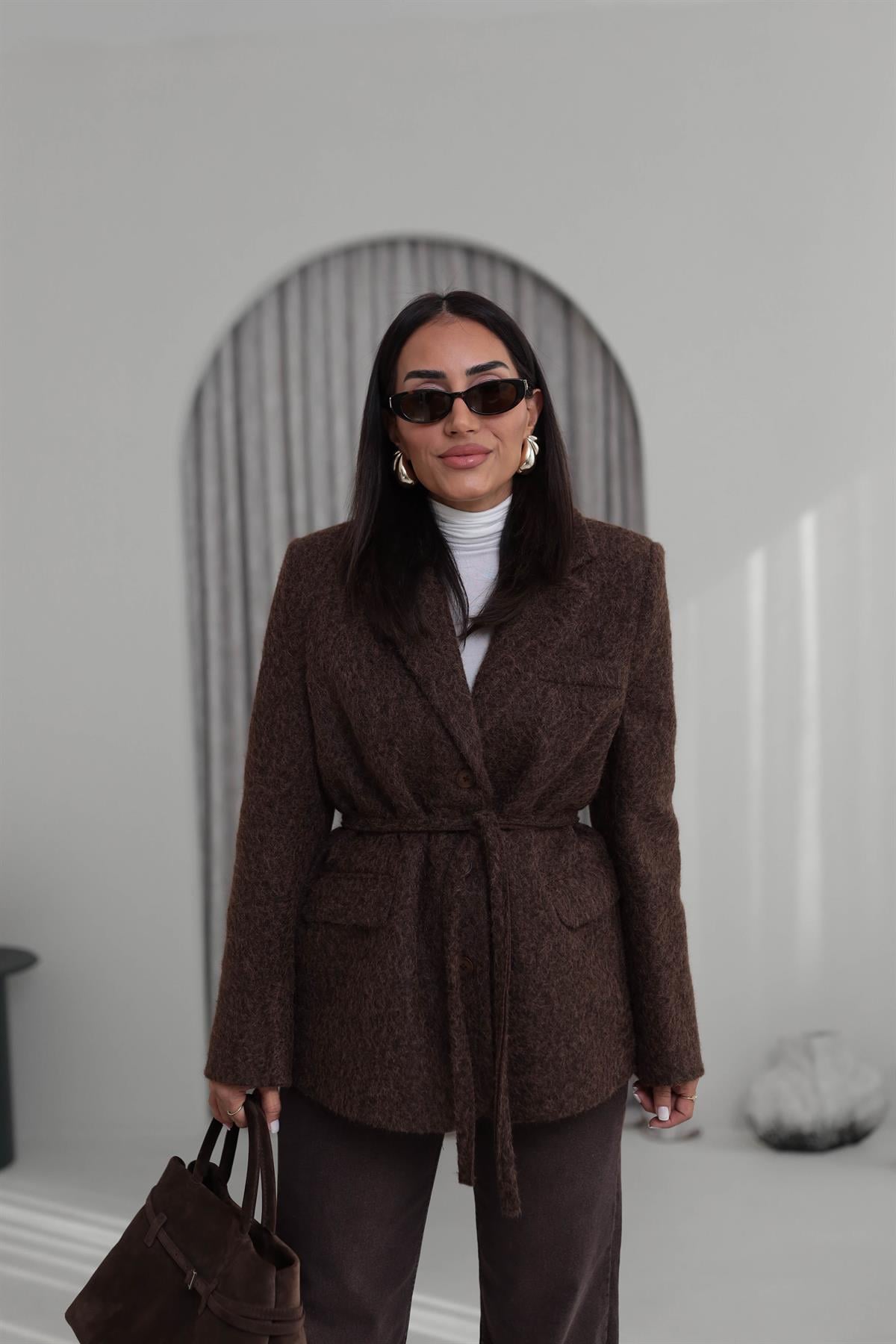 7368 Kuşak Detaylı Blazer Kaşe Ceket ACI KAHVE