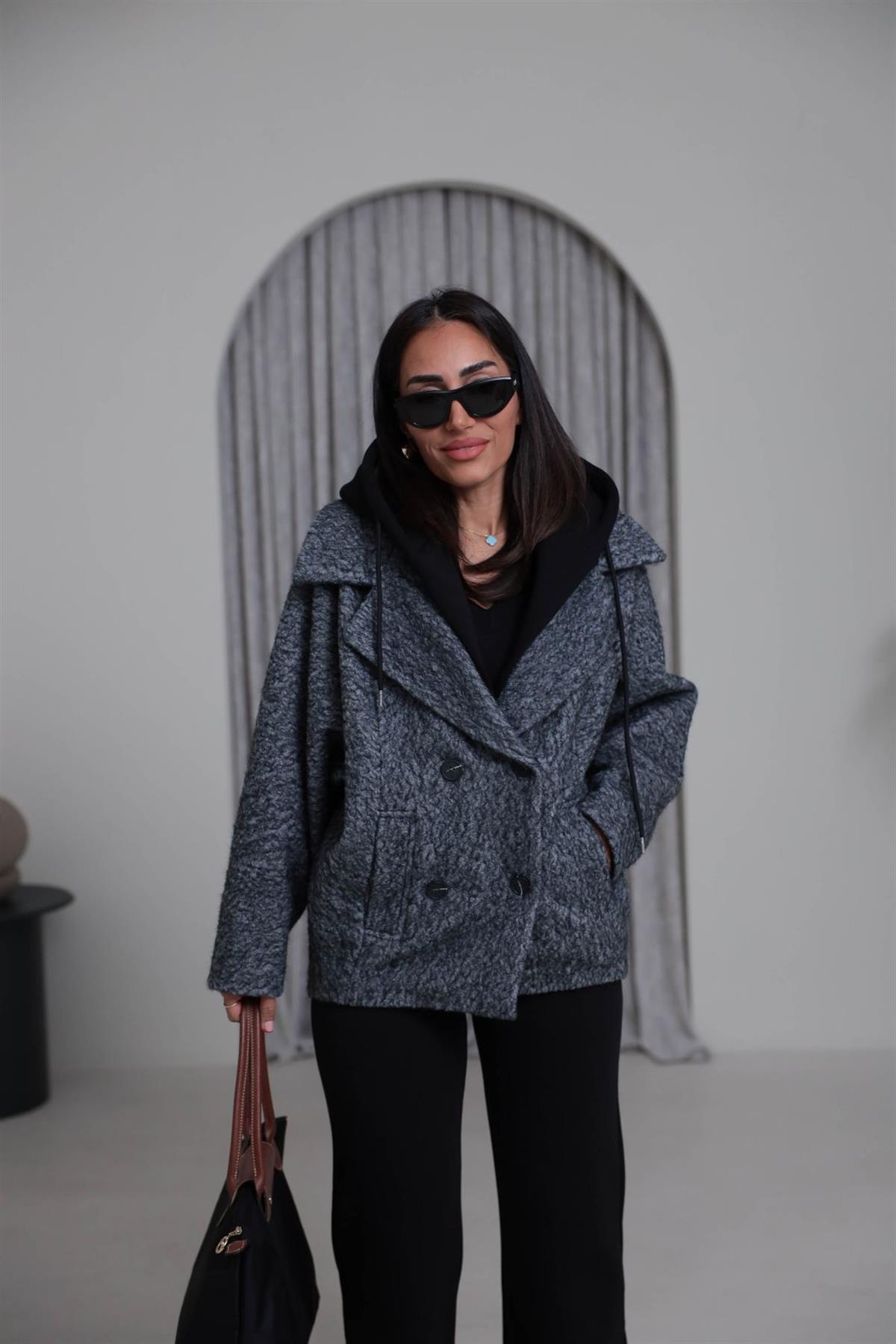 9690 Kapşon Detaylı Buklet Kaban GRİ-SİYAH