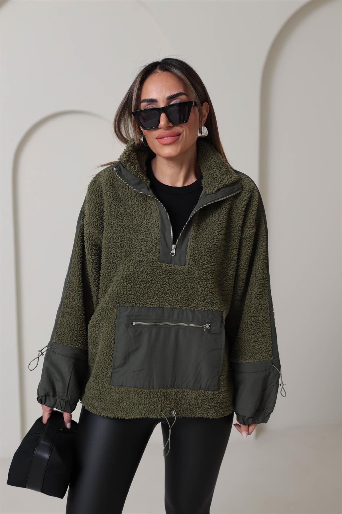 Yarım Fermuarlı Paraşüt Kumaş Detaylı Sweatshirt HAKİ YEŞİL