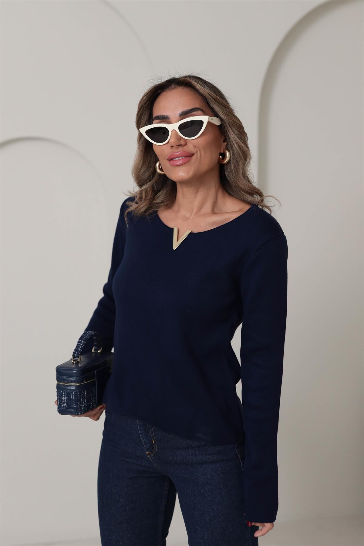 5832 V Gold Tokalı Yumuşak Triko LACİVERT