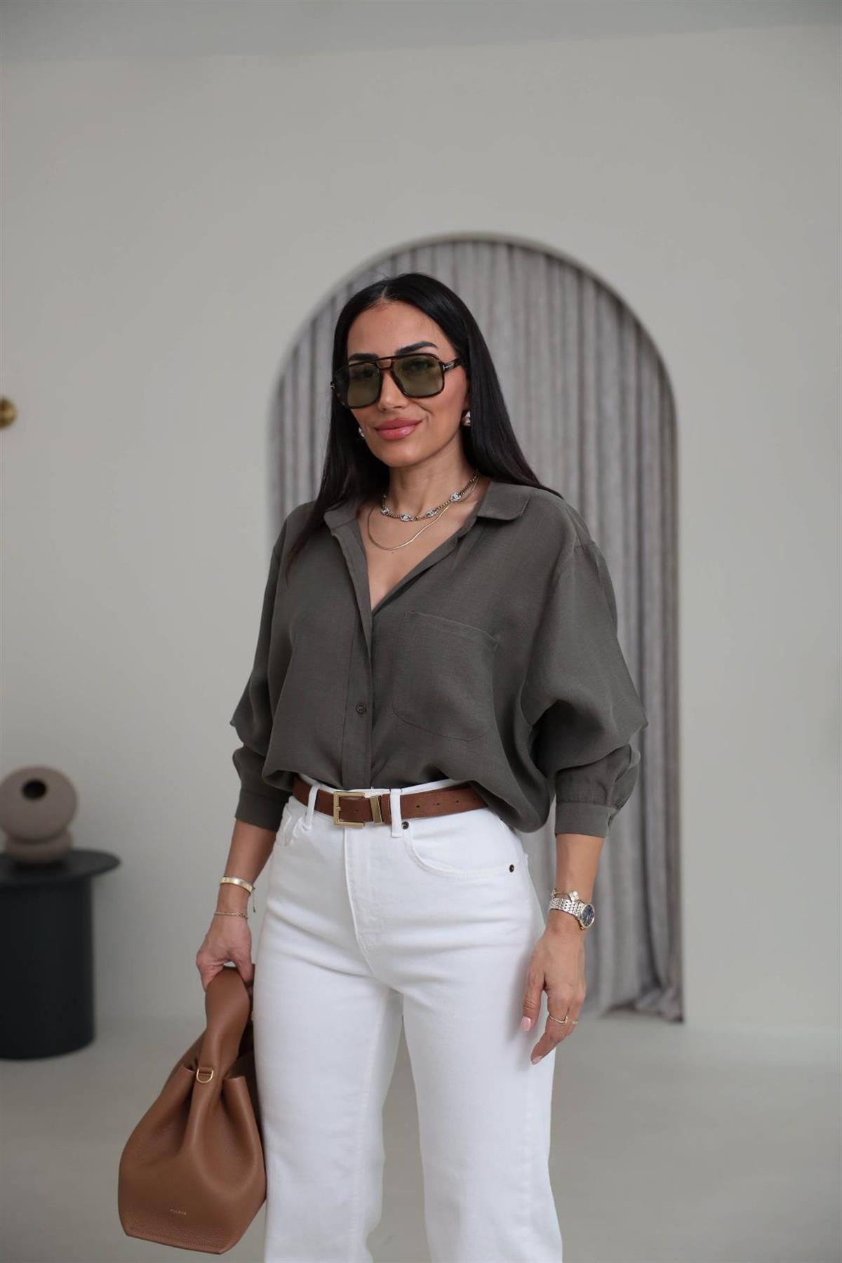 8454 Düşük Omuz Salaş Gömlek HAKİ YEŞİL