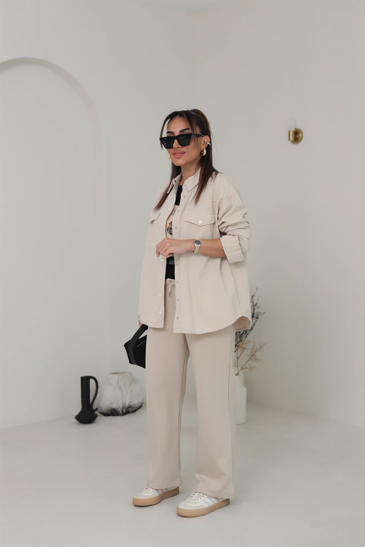 Beli Lastikli Yumuşak Doku Şardonlu Eşofman Altı BEJ