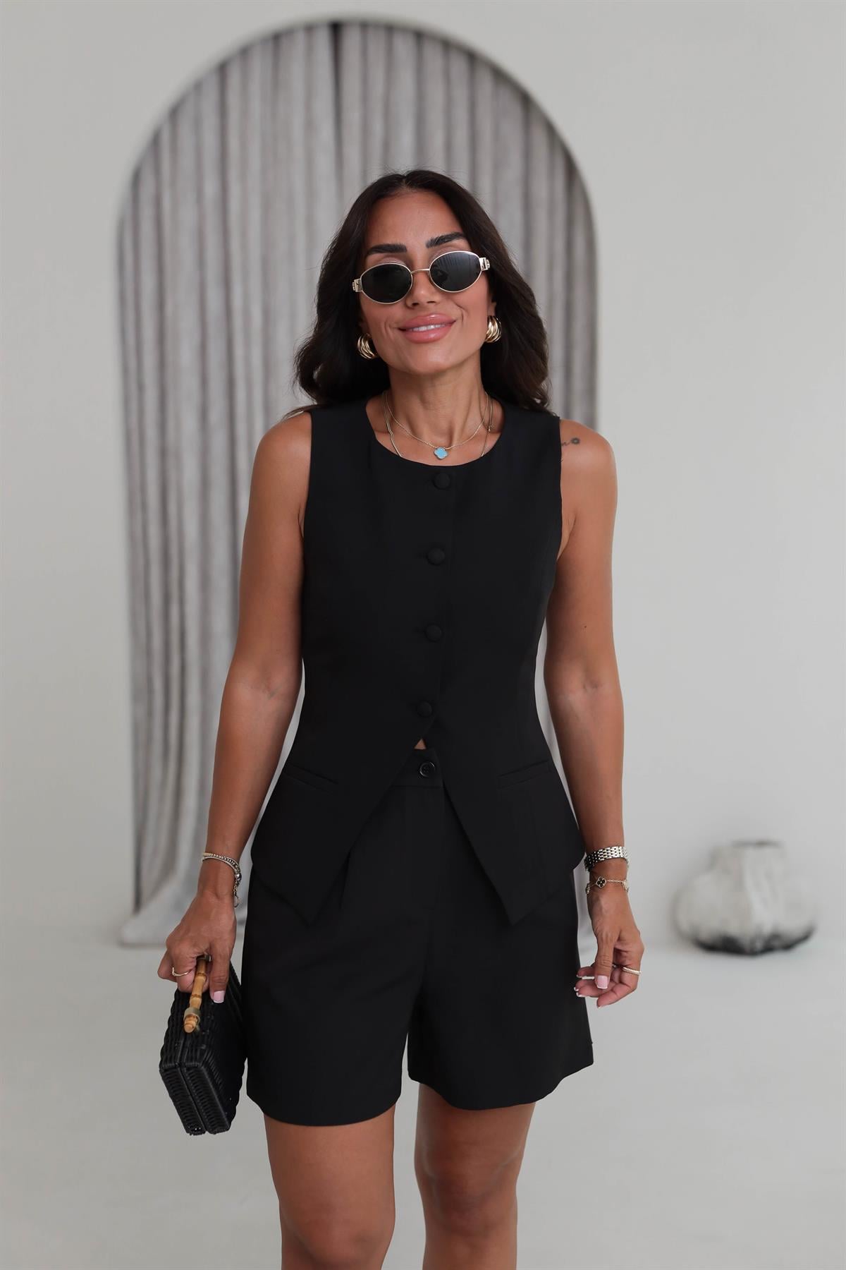 0264 Double Kumaş Yelek Şort Takım SİYAH