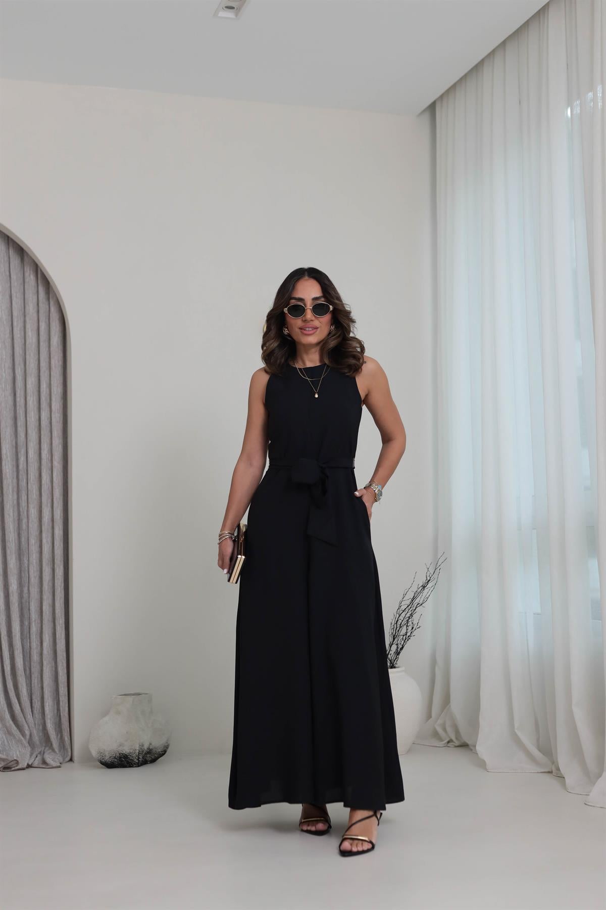 0022 Bol Paça Bel Kuşak Kemerli Tulum SİYAH