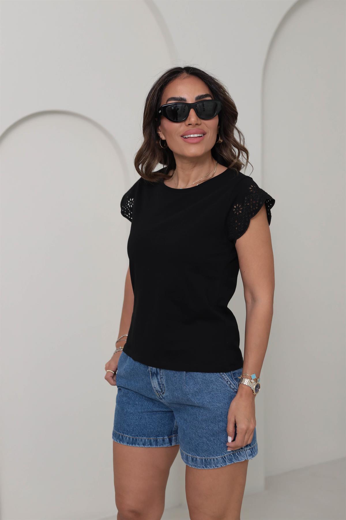 2982 Pamuklu Kolları Fistolu Tshirt SİYAH