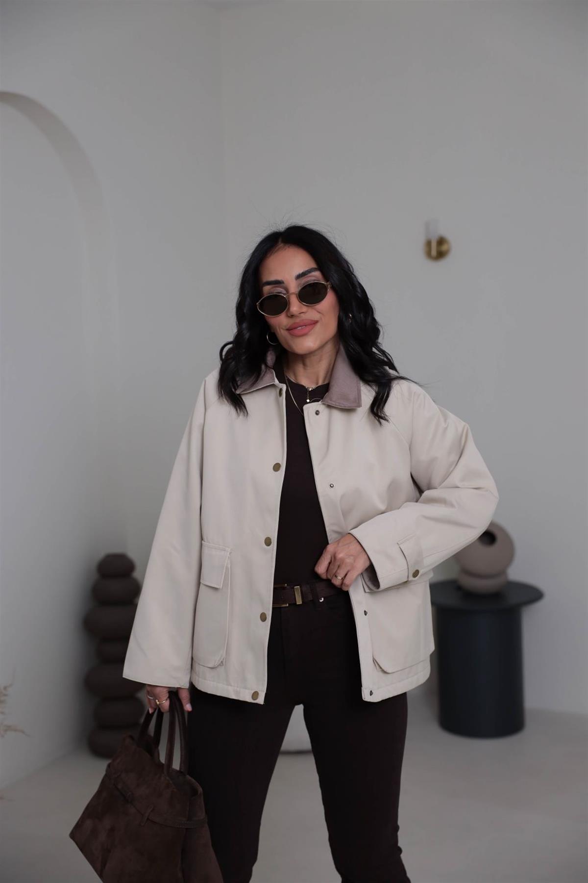 0213 Kadife Yakalı Trençkot KREM