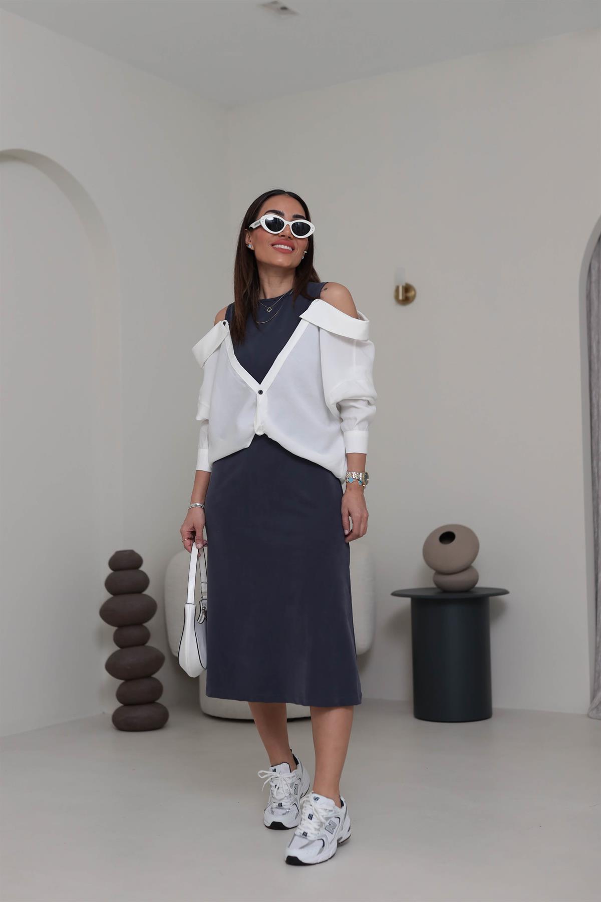 3046 Gömlek Detaylı Premium Elbise ANTRASİT