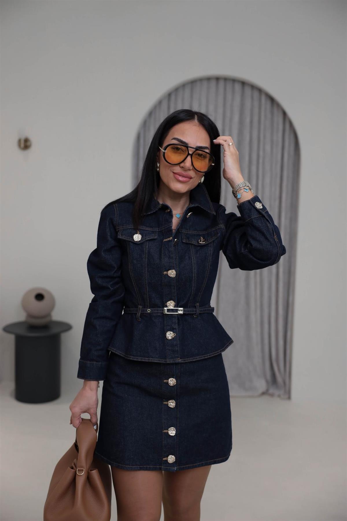 9266 Gold Düğmeli Belden Kemerli Denim Takım LACİVERT