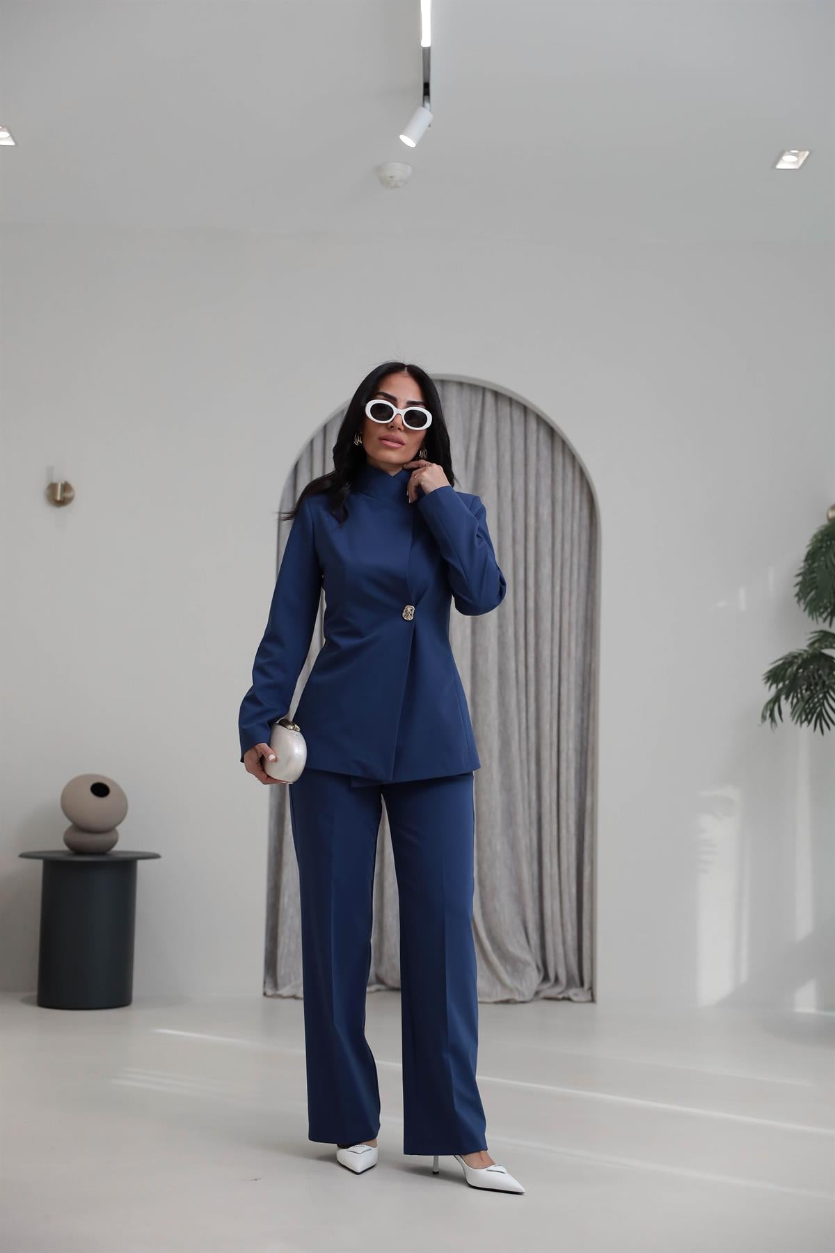 2041 Yaka Detaylı Gold Düğmeli Ceket Pantolon Takım Indigo