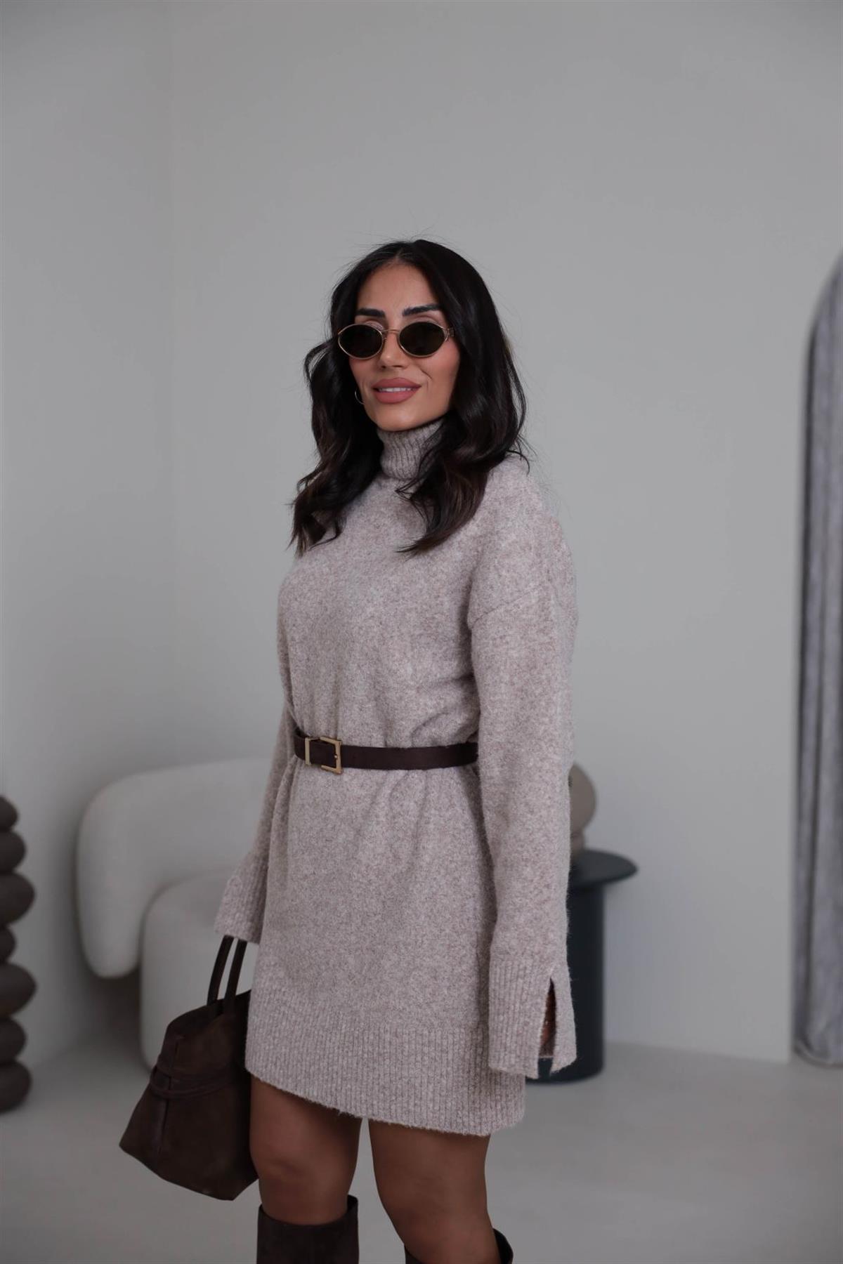 90265 Balıkçı Yaka Yumoş Triko Elbise VİZON