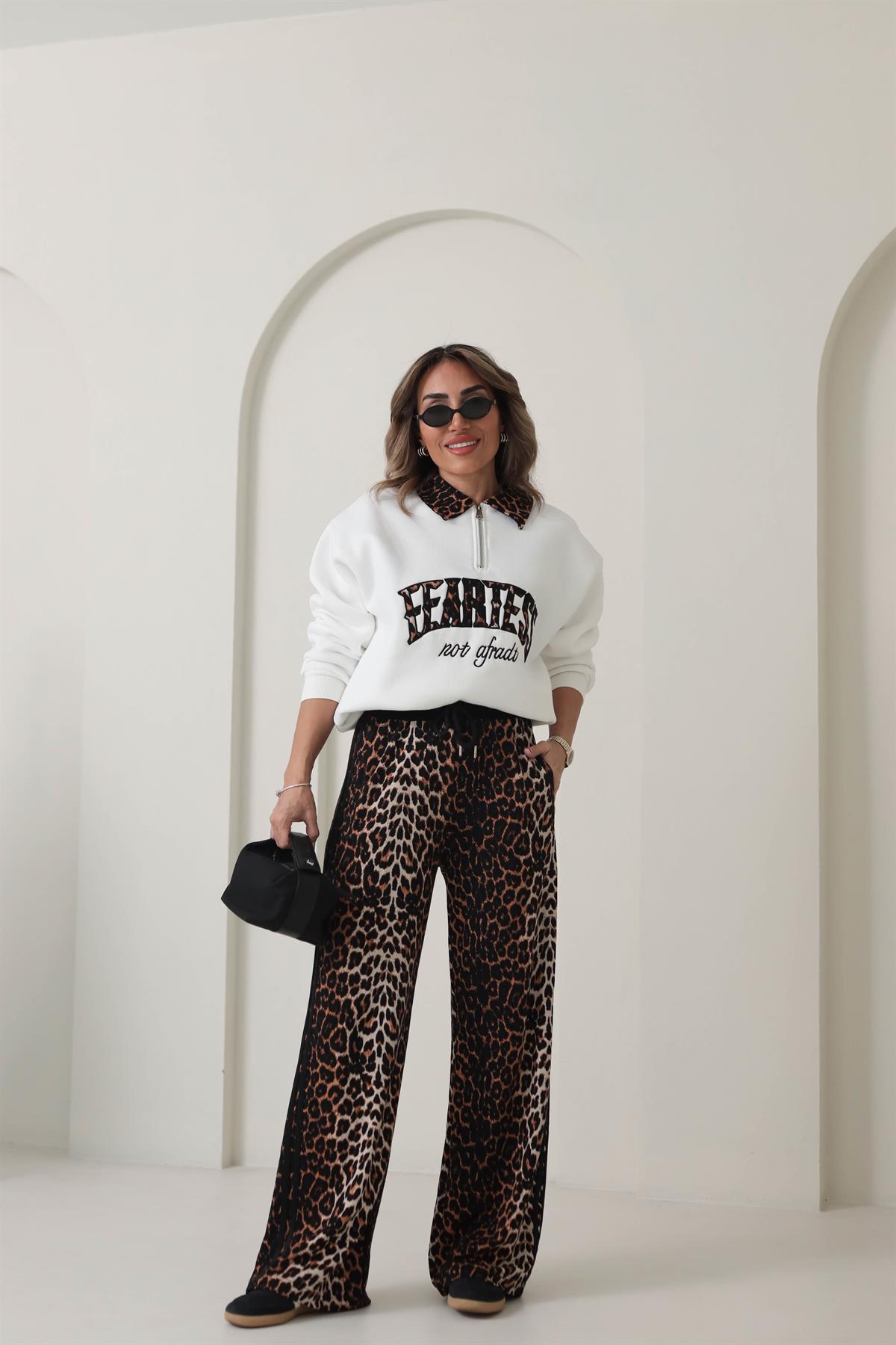 Leopar Desen Yanları Şeritli Eşofman Altı LEOPAR