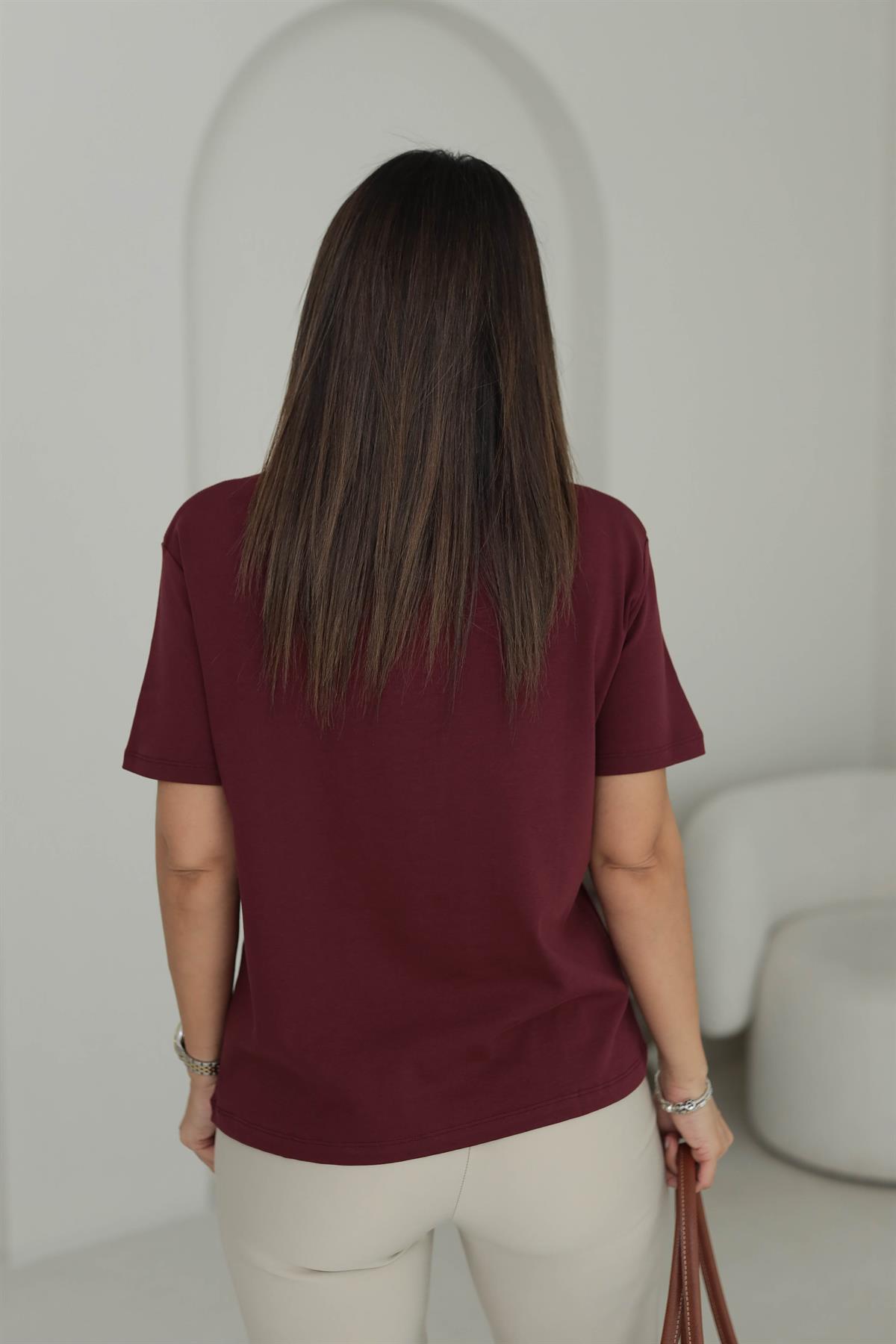 7878 Tedy Baskılı Bisiklet Yaka Tshirt BORDO