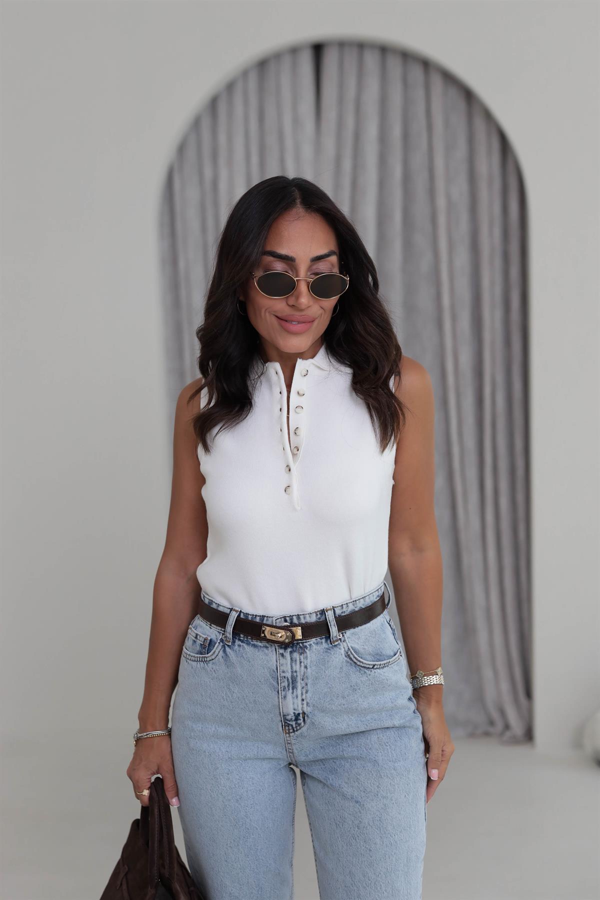 Polo Yaka Yarım Düğmeli Süveter EKRU