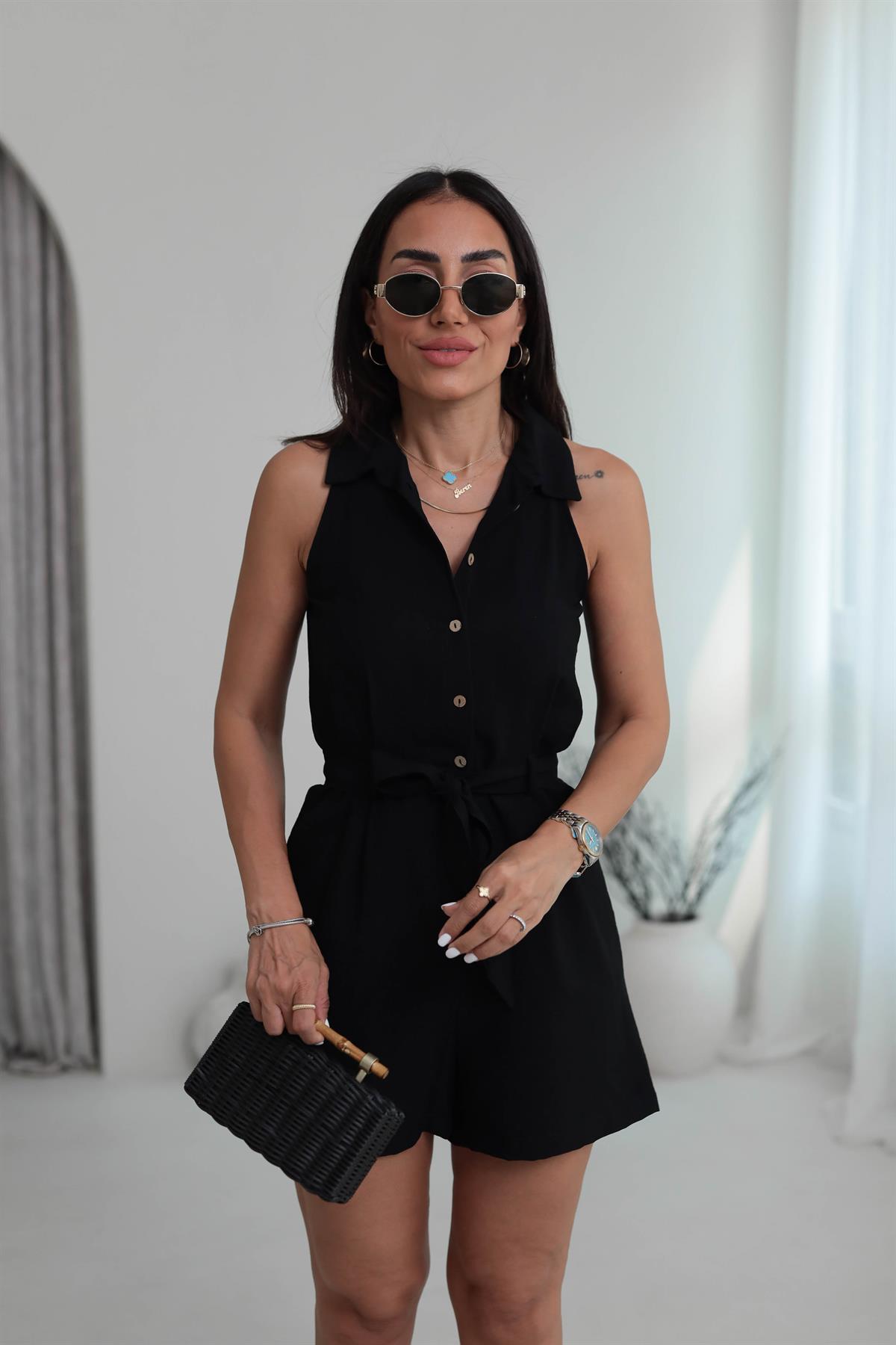 3791 Sıfır Kol Gömlek Yaka Şort Tulum SİYAH