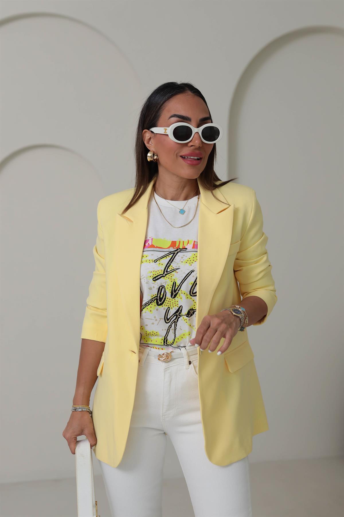 0873 Tek Düğmeli Vatkalı Blazer Ceket SARI