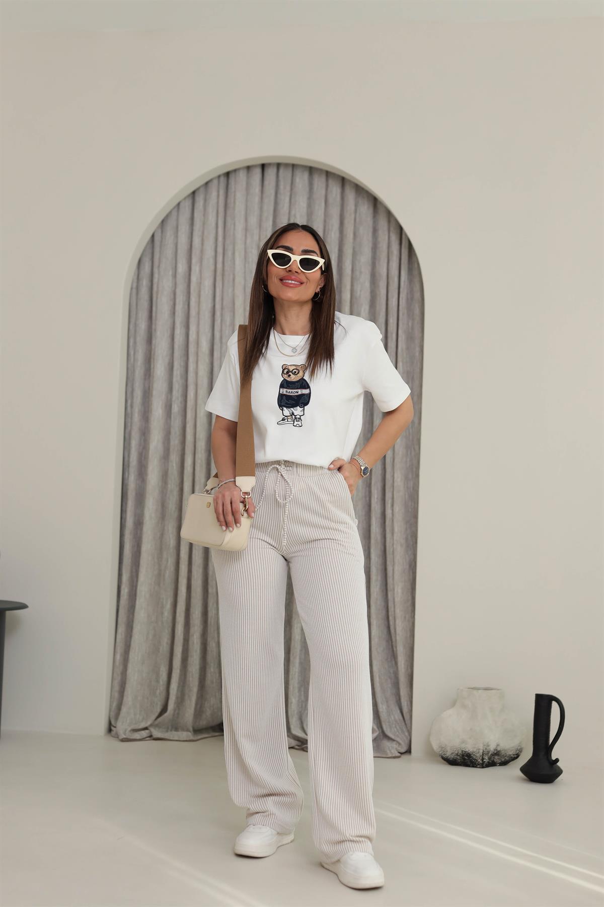 0146 Çizgili Rahat Pantolon BEJ