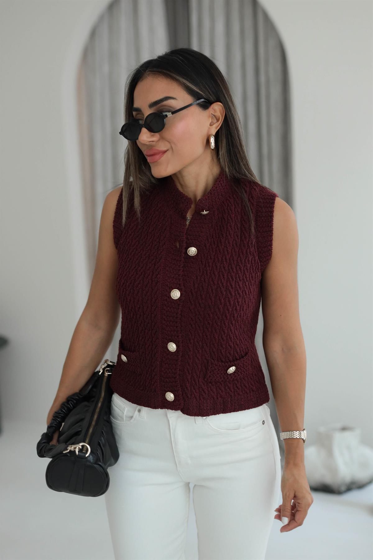 4501 Saç Örgü Detaylı Gold Düğmeli Yelek BORDO